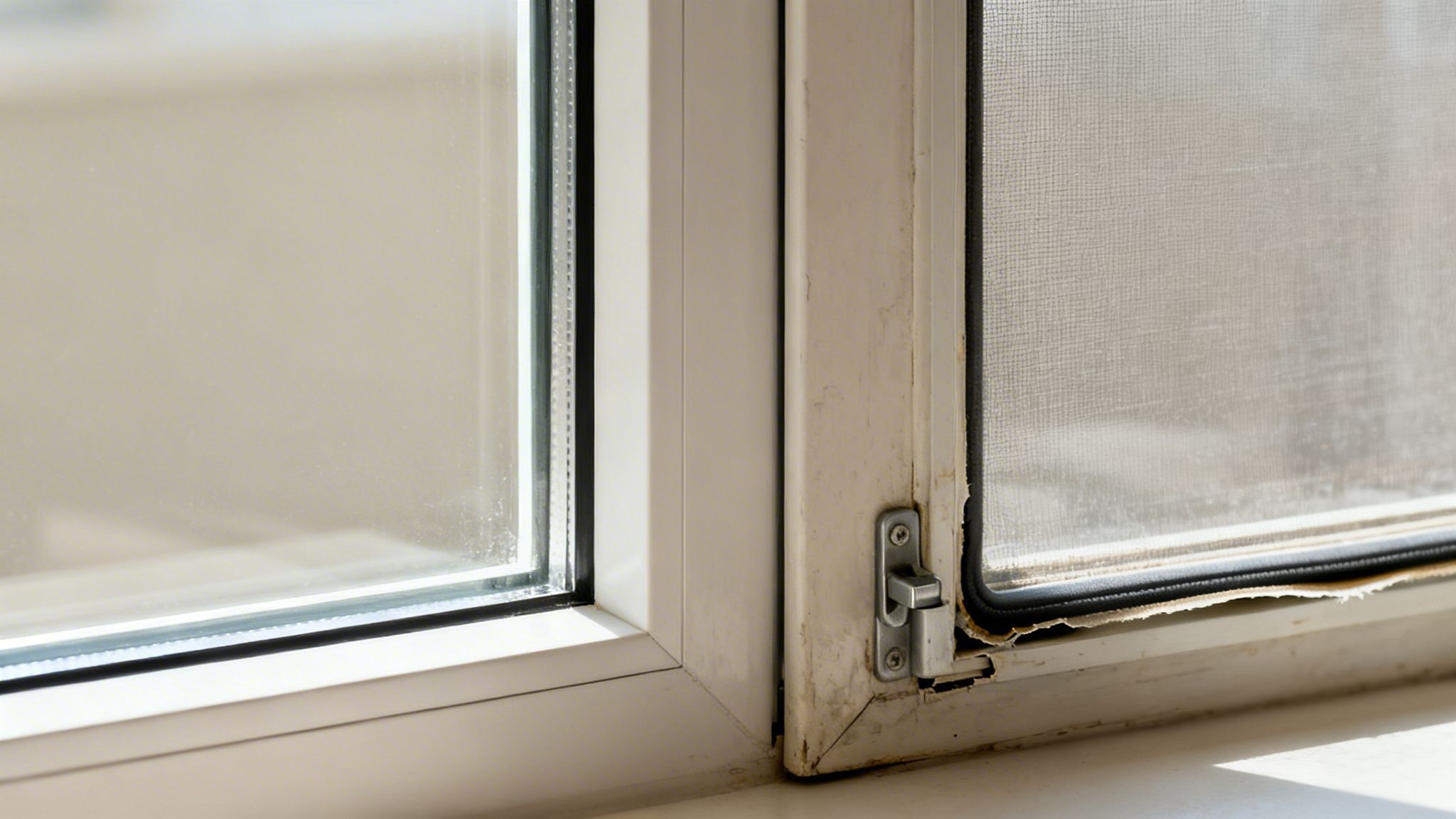 Close-up of a dirty double window and screen, showing wear and potential mold on the frame.