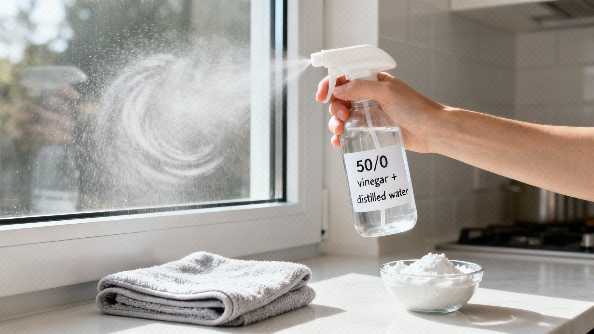 A person carefully cleaning stubborn water spots from a window.