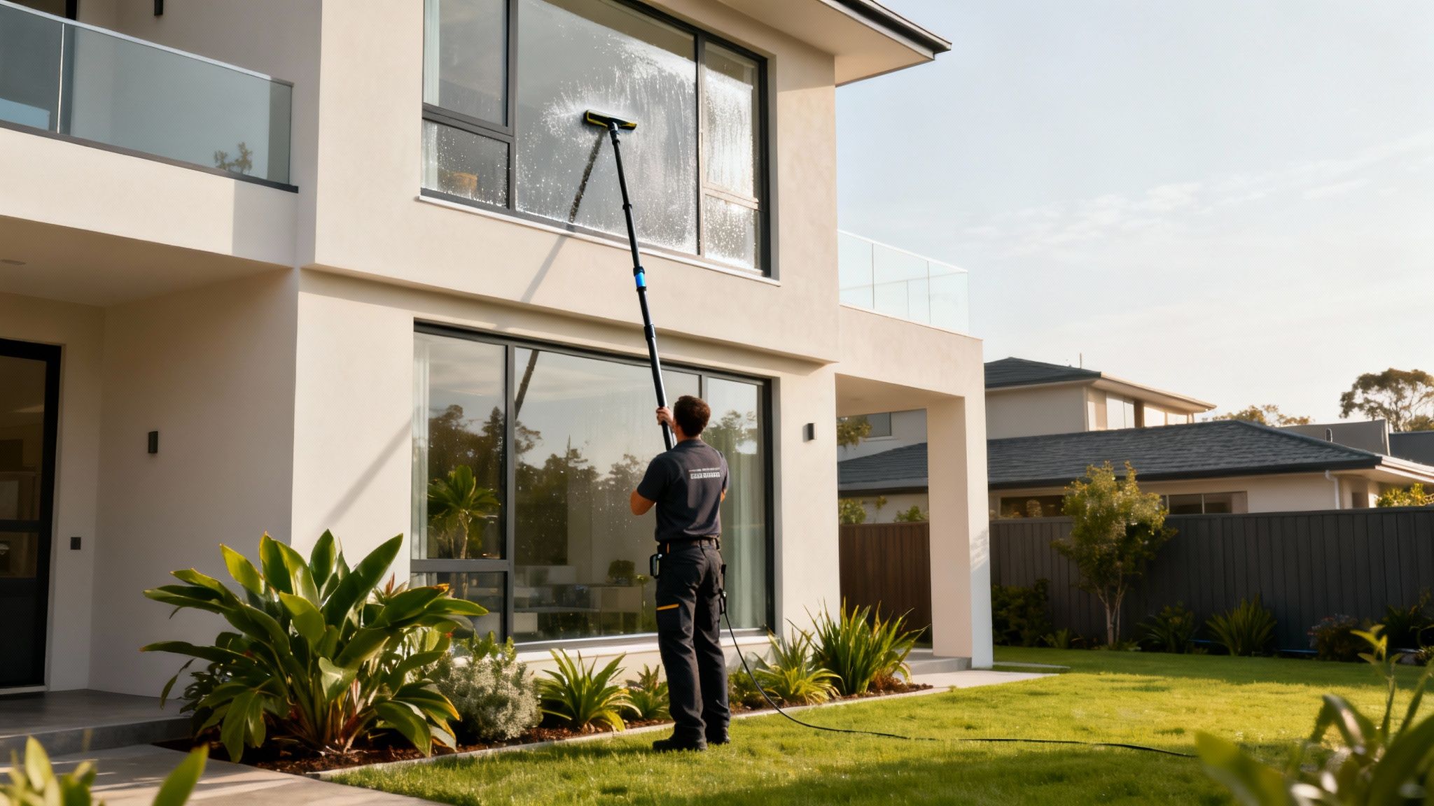 A window cleaner using a water-fed pole to clean high windows on a residential home