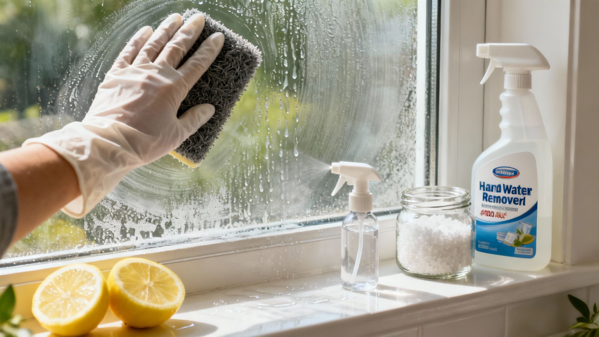 A perfectly clean window with a squeegee resting on the sill.