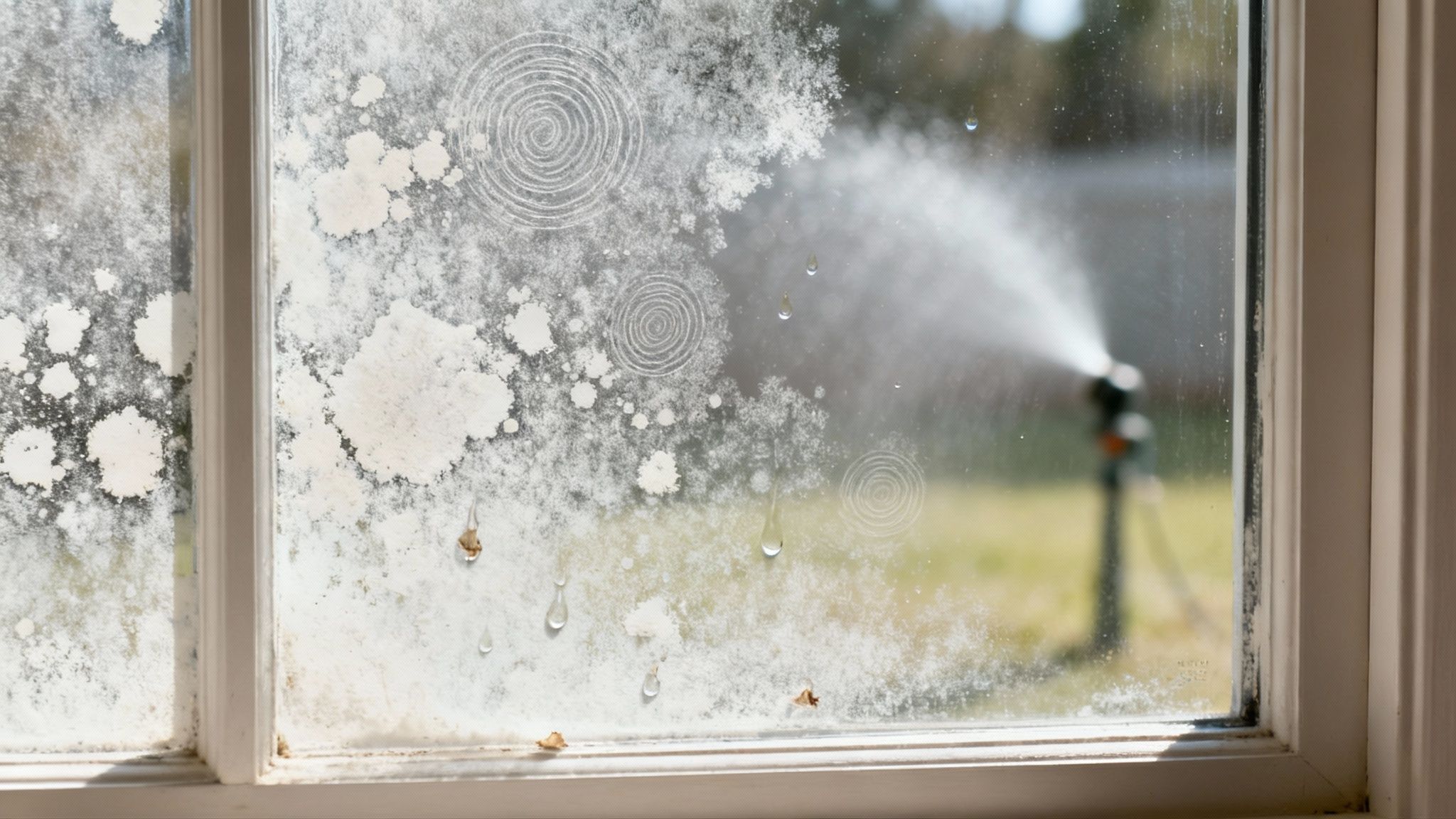 A window pane heavily stained with white water spots and spiral patterns, a sprinkler sprays outside.