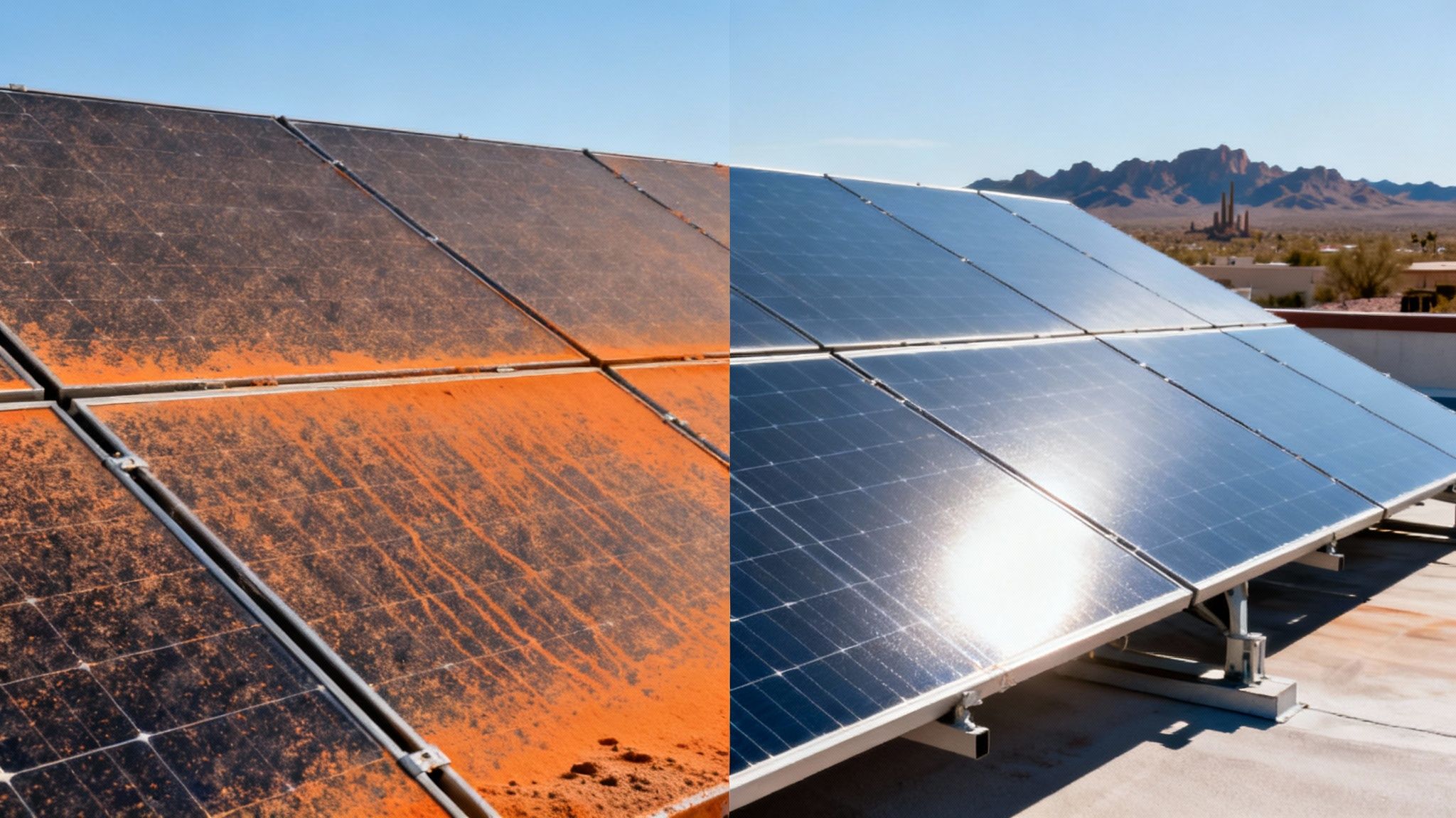 Dirty and clean solar panels side-by-side, showcasing effective cleaning in a desert setting.