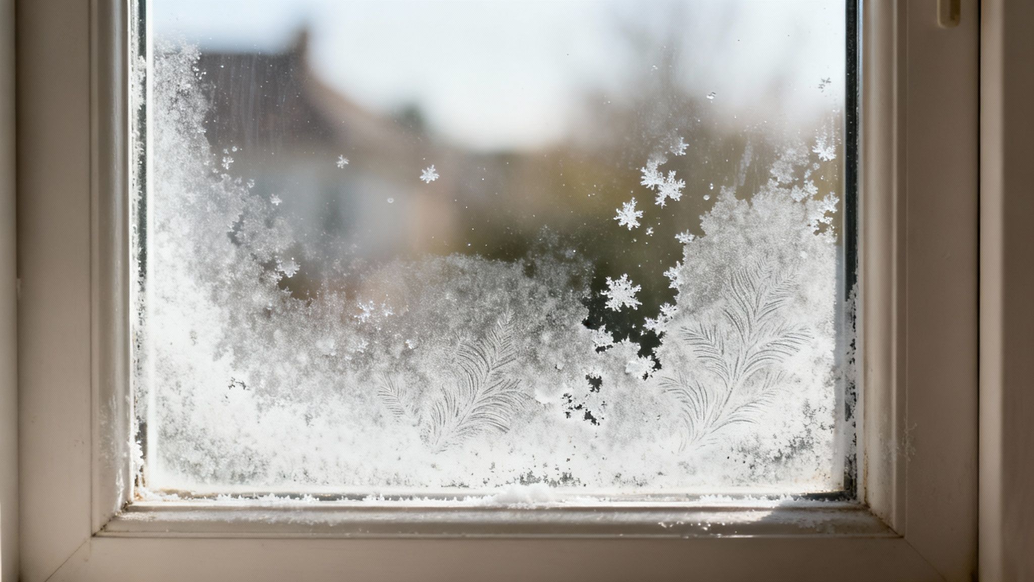 A close-up view of a window pane intricately covered in beautiful frost patterns and delicate snowflakes.