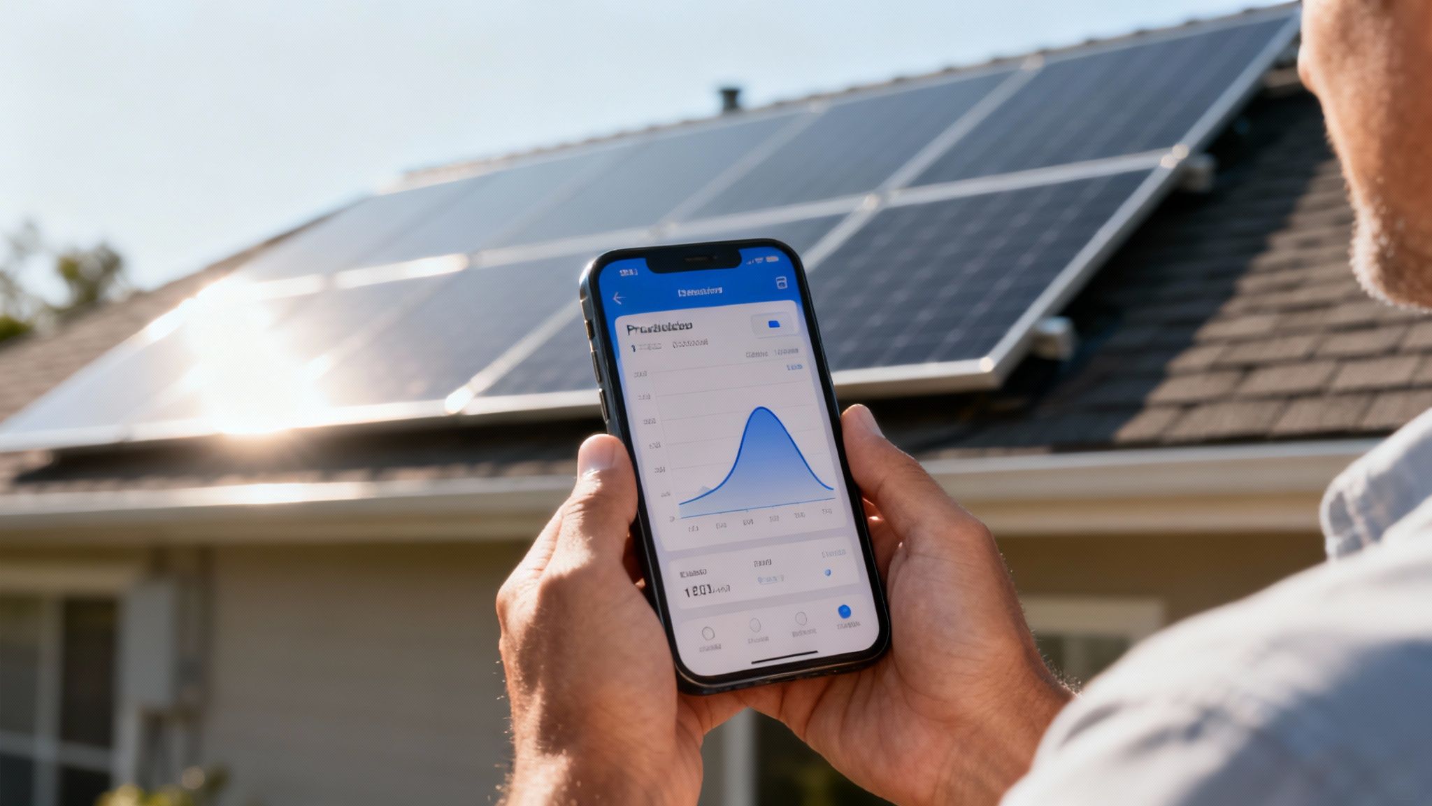 A person inspecting solar panels on a rooftop.