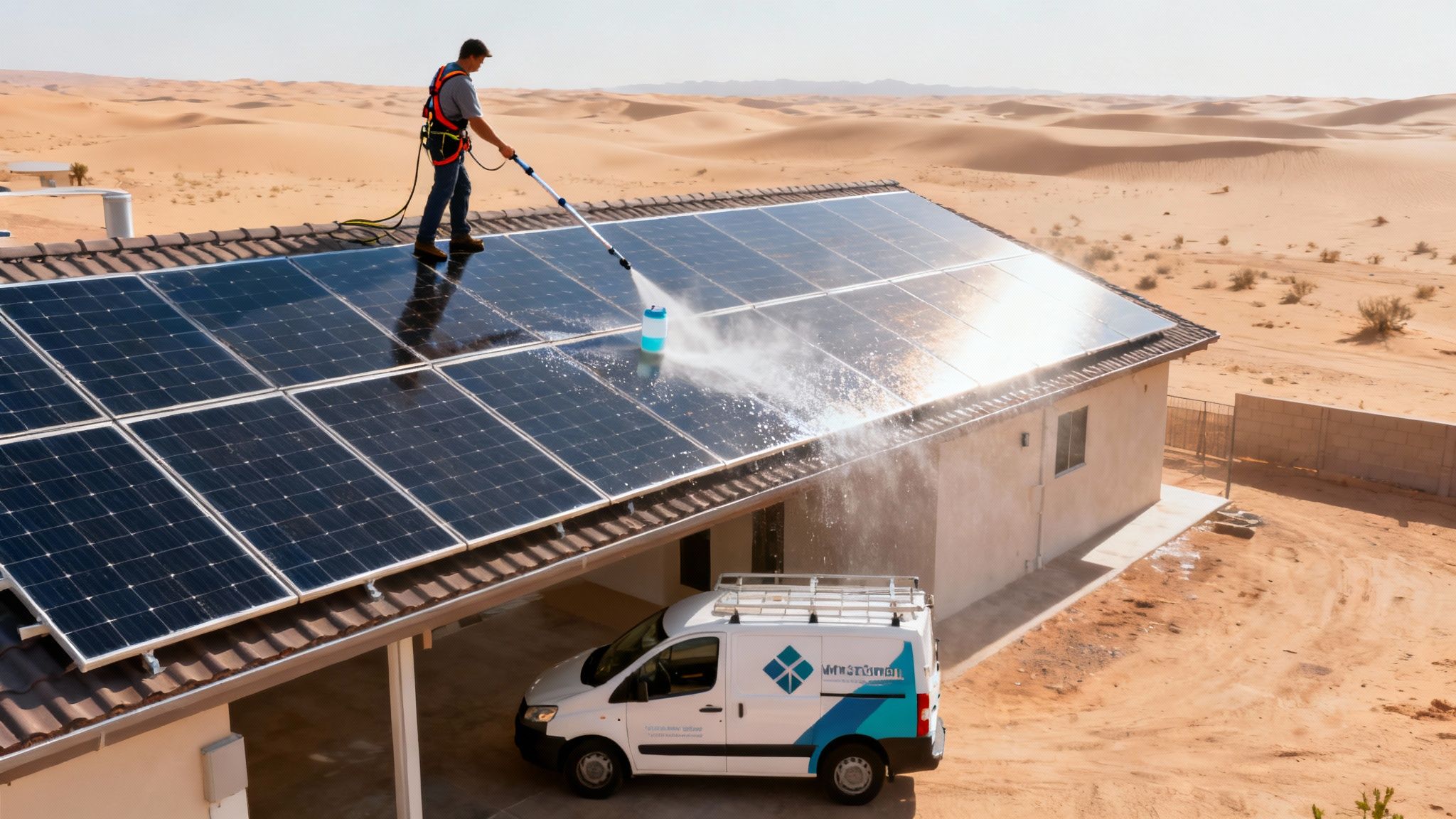 A worker on a rooftop house in a desert cleans solar panels with a long brush, a service van parked below.