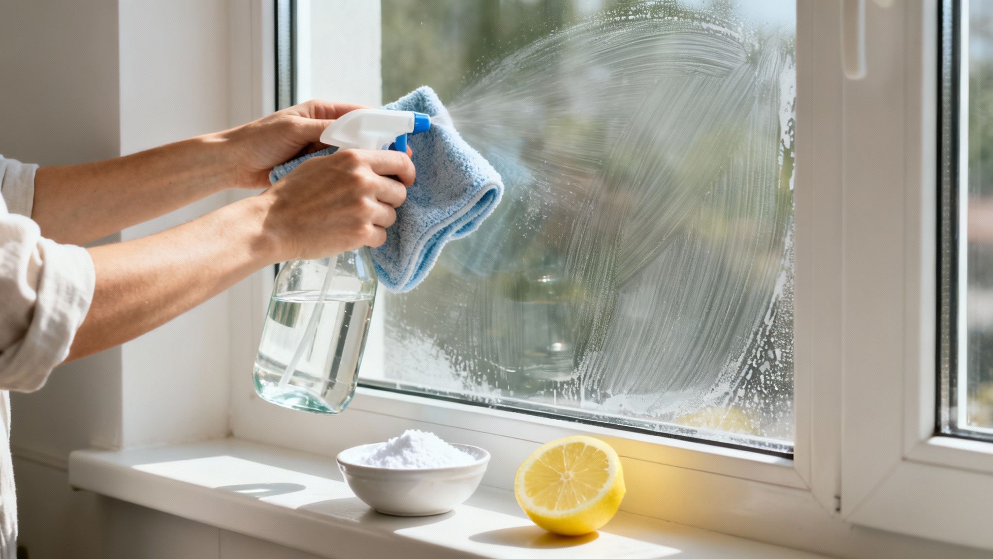 Hands cleaning a window with a spray bottle and blue cloth, with baking soda and lemon on the sill.