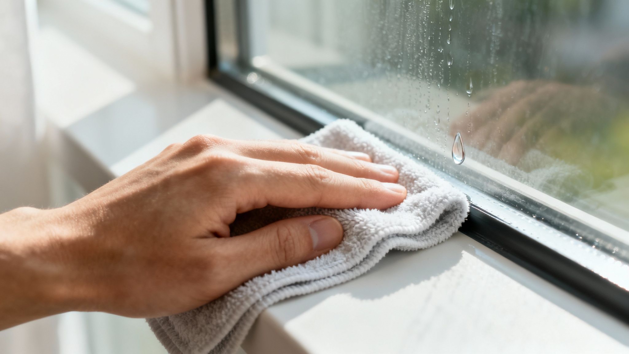 A close-up shot of a person using a microfiber cloth to wipe a stubborn spot off an interior window.