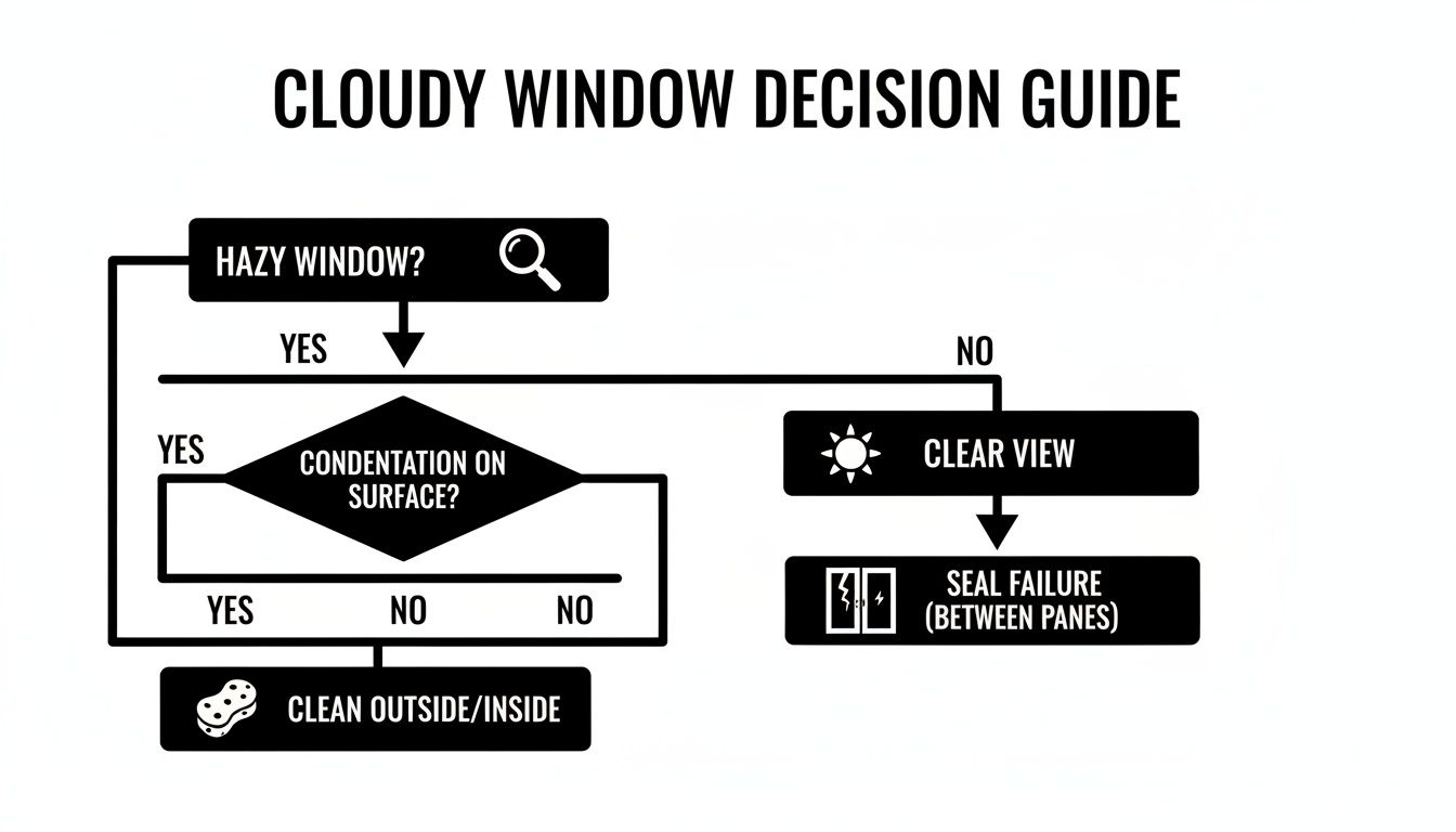 Flowchart decision guide for cloudy windows, indicating if cleaning or seal failure is the cause.