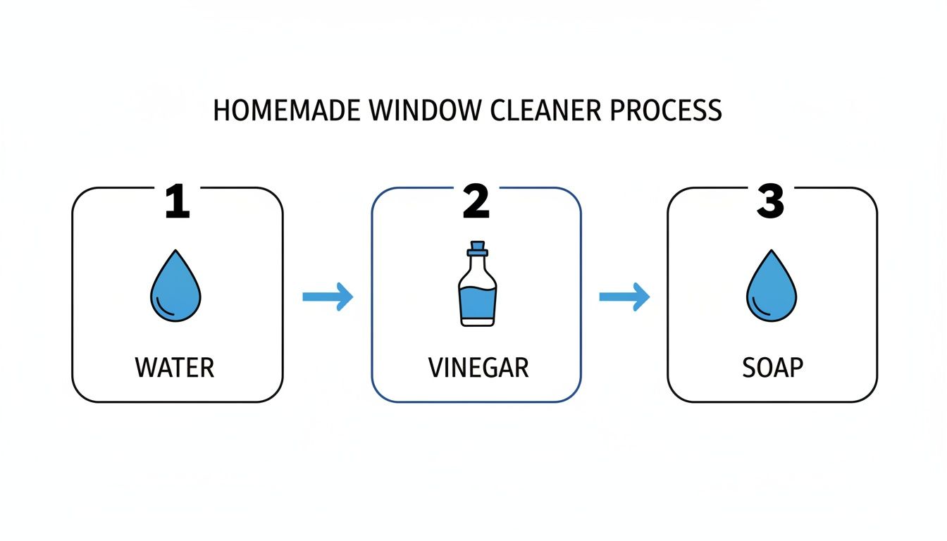 Diagram illustrating a three-step homemade window cleaner process: water, vinegar, then soap for streak-free windows.