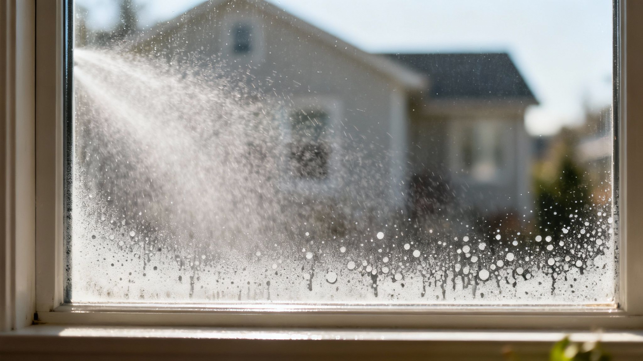 A person cleaning a window with a squeegee, showing clear glass and soap suds.