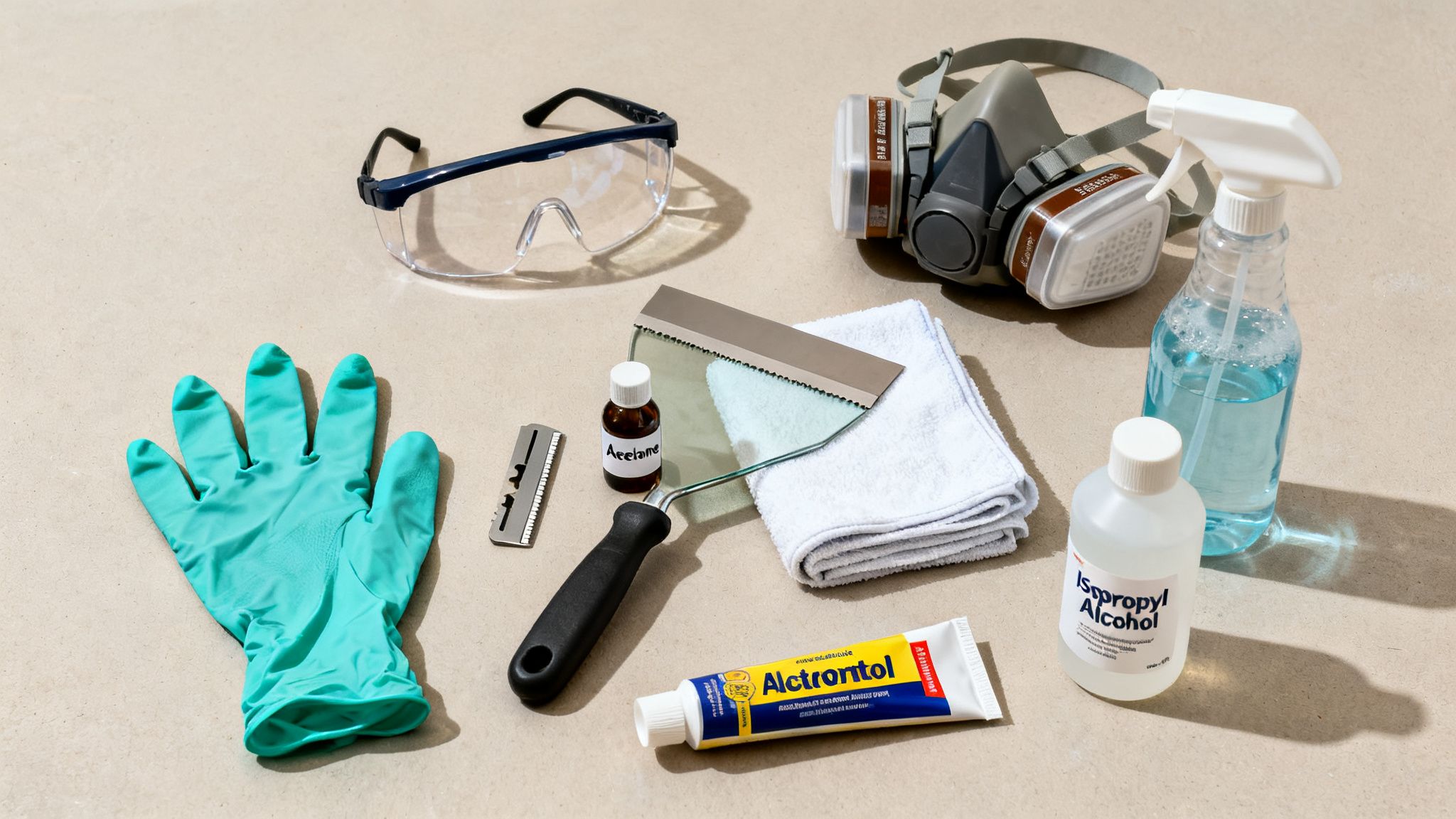 Safety gear, scraper, razor, acetone, alcohol, and cleaning supplies for paint removal.