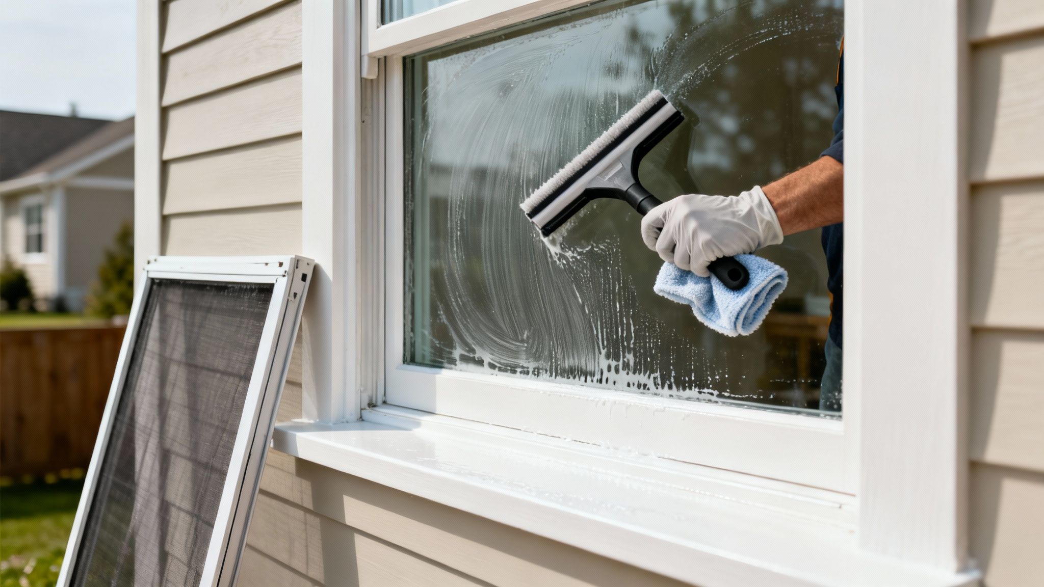 A person in white gloves cleans a house window with a squeegee, next to a detached screen.