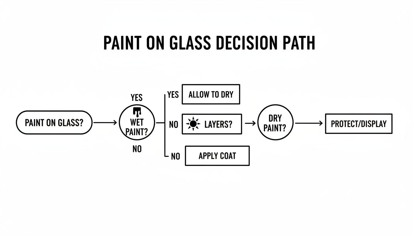 Flowchart illustrating the paint on glass decision path, including drying and layering steps.