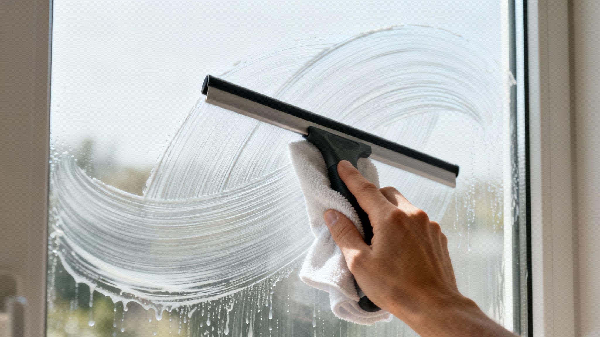 A close-up shot of a squeegee blade gliding smoothly across a wet window pane.