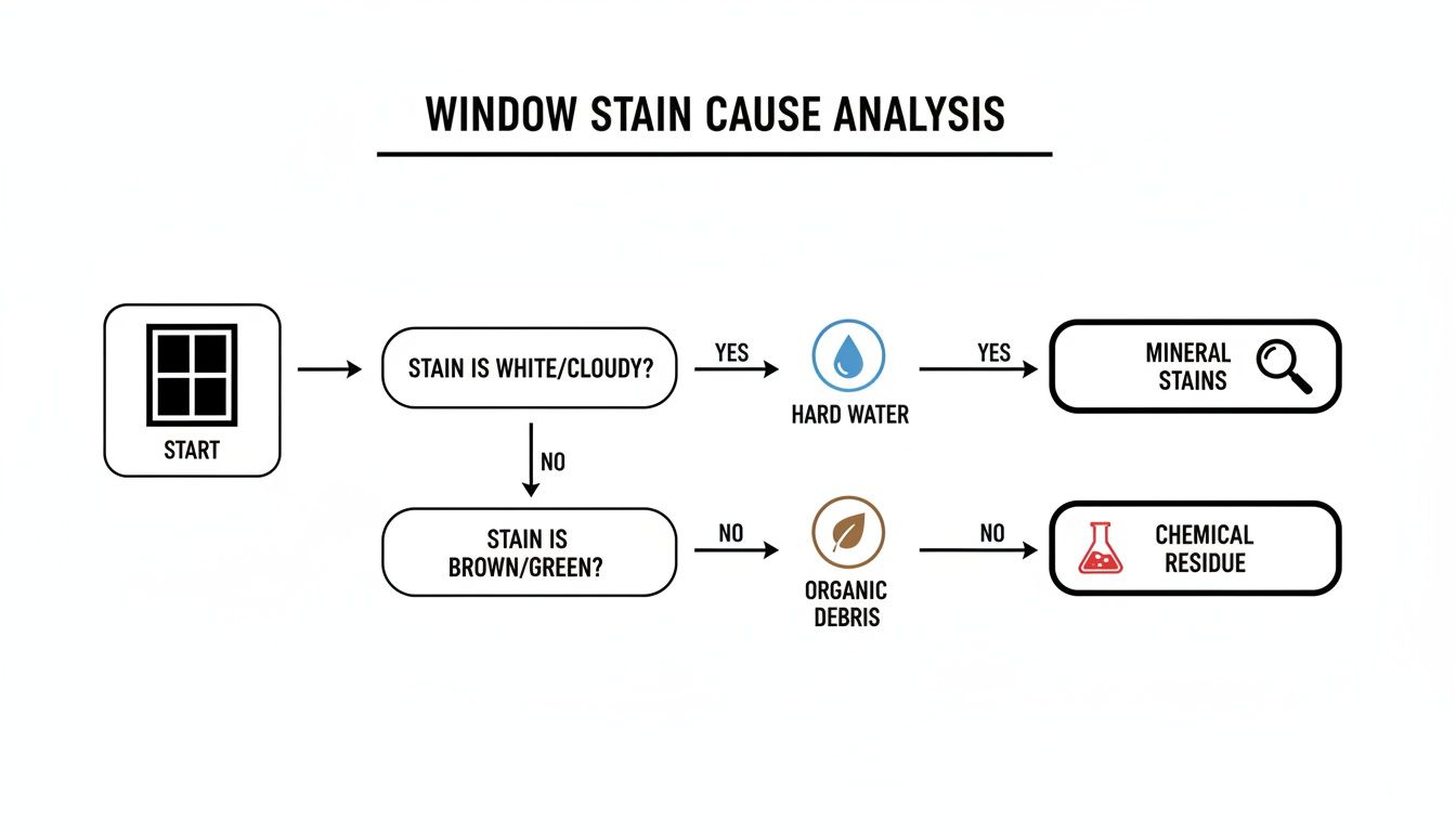A flowchart analyzing window stain causes, guiding users to identify mineral, organic debris, or chemical residue.