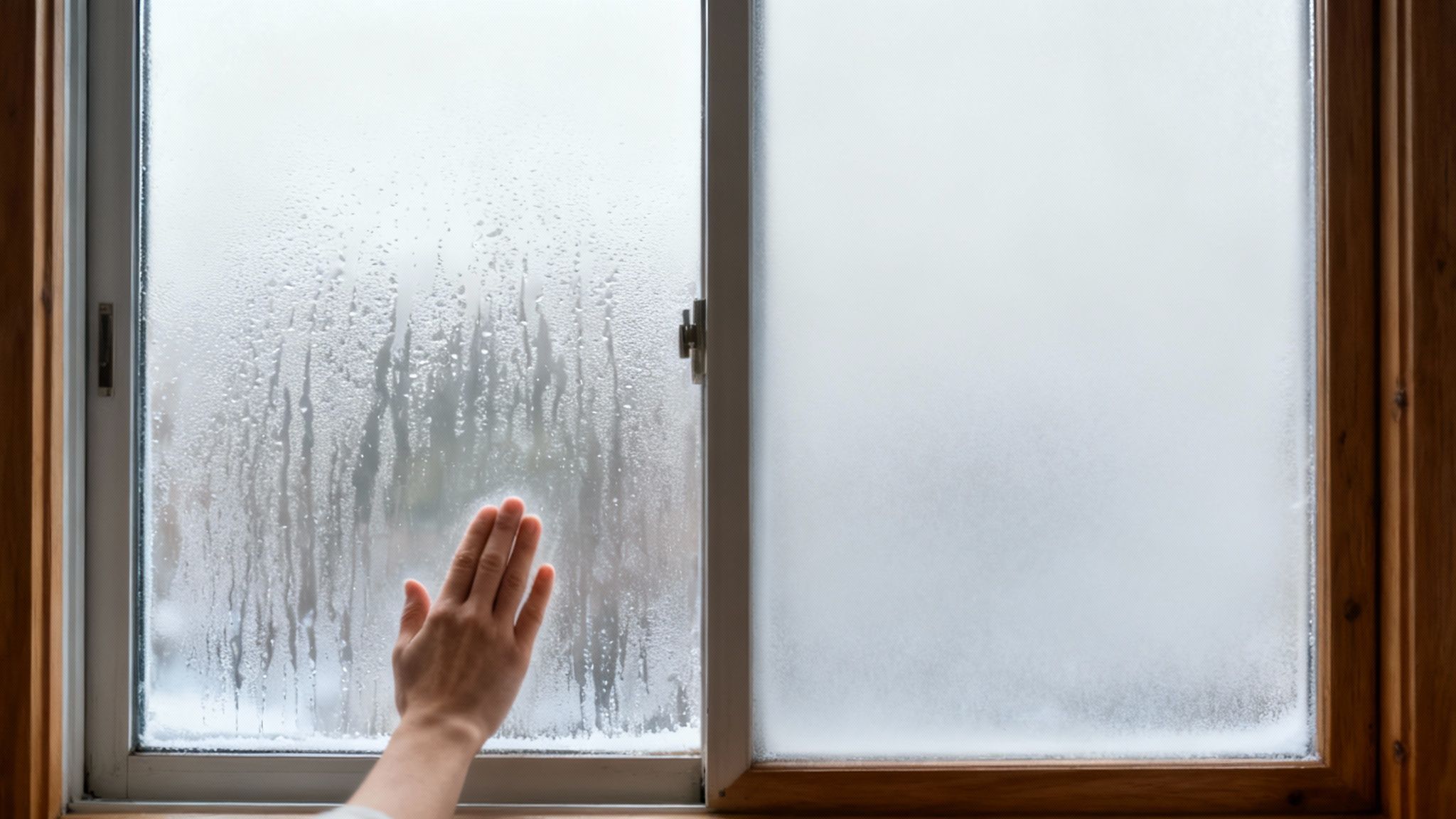 A close-up shot of a foggy window with water droplets forming between the panes.