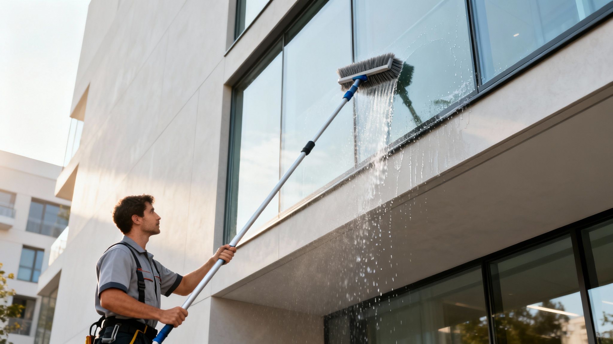 A professional window washer cleans large glass windows of a modern building using a long-handled brush with water.