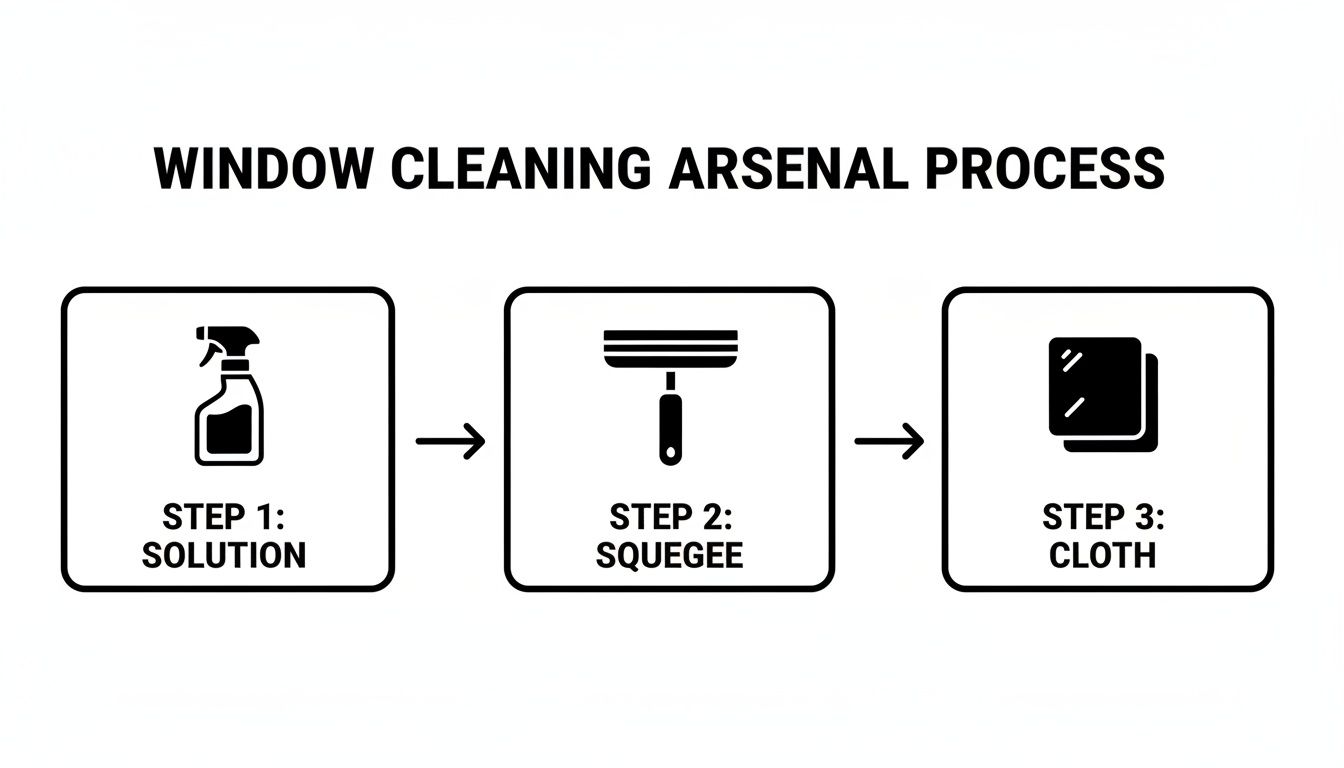 A three-step guide illustrates the window cleaning process: solution, squeegee, and cloth.
