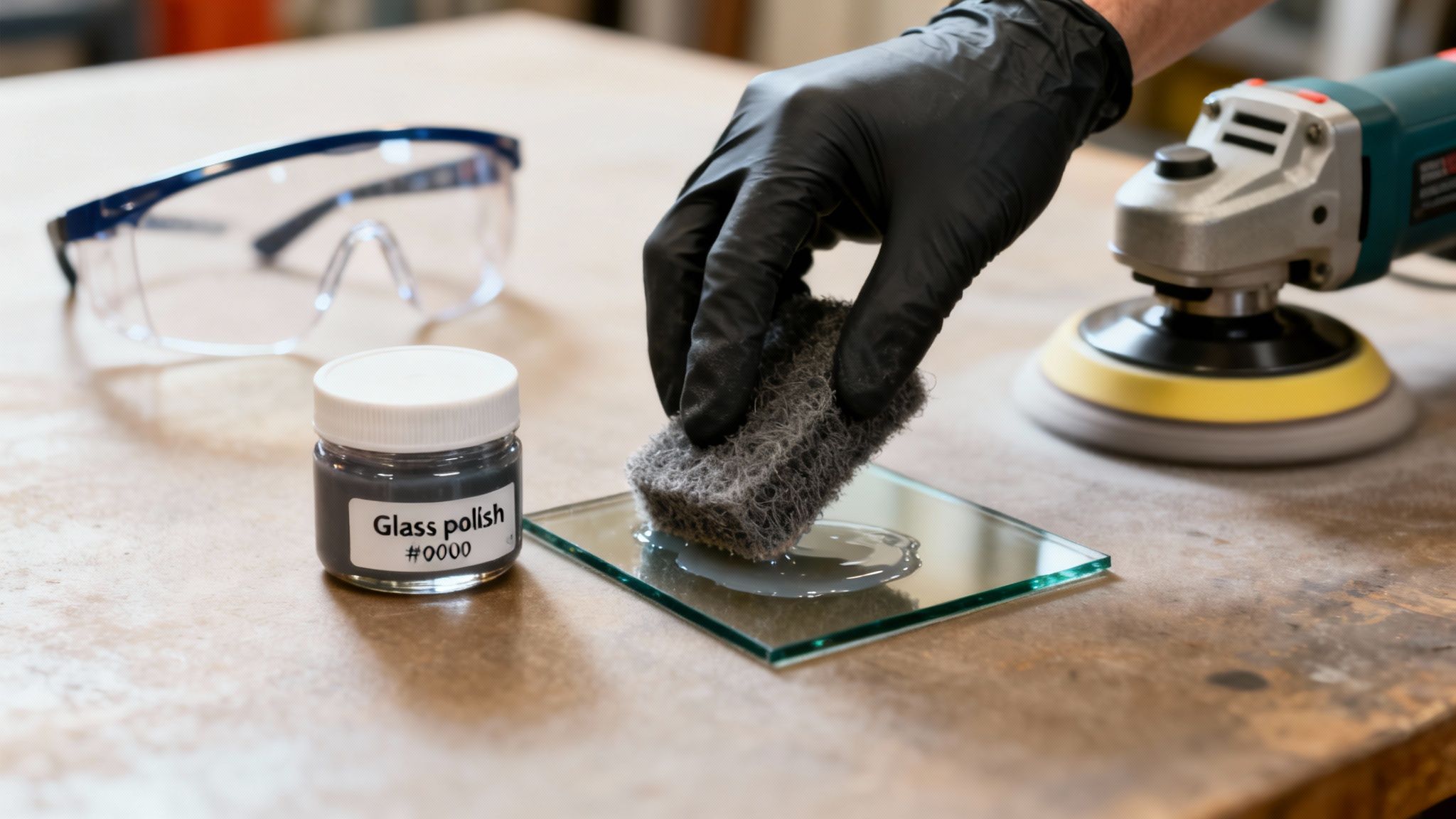 Close-up of a person in black gloves applying glass polish with a scrub pad to a glass pane.