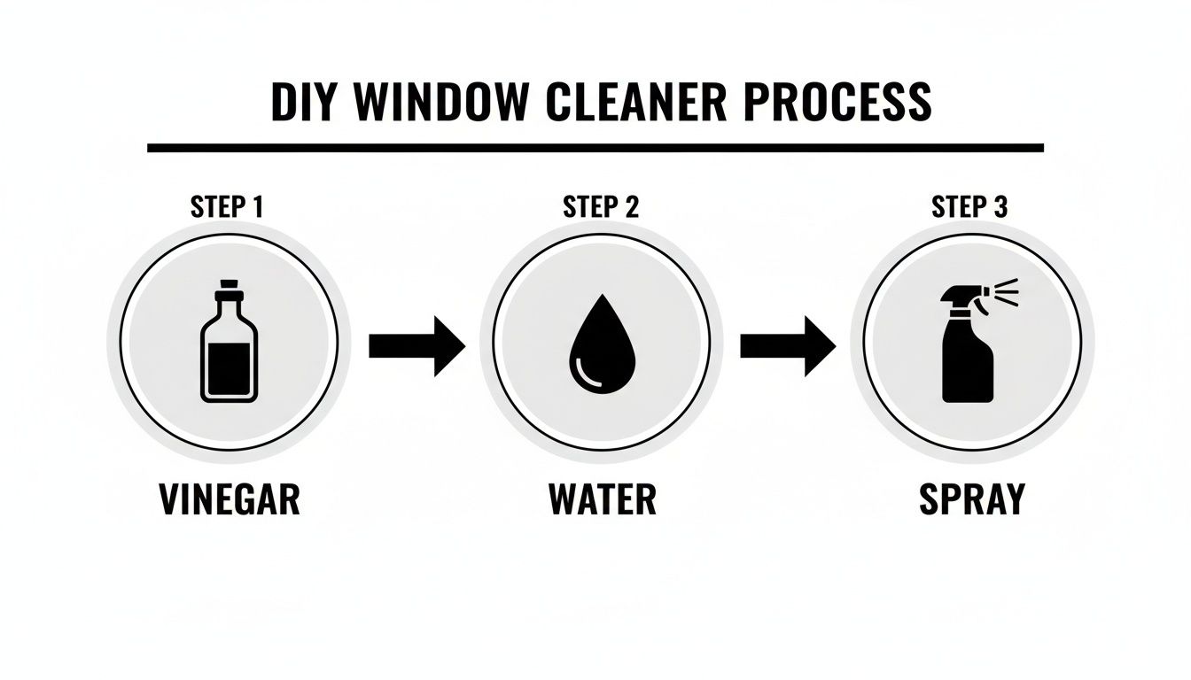 Diagram illustrating DIY window cleaner process: mixing vinegar and water to create a spray solution.