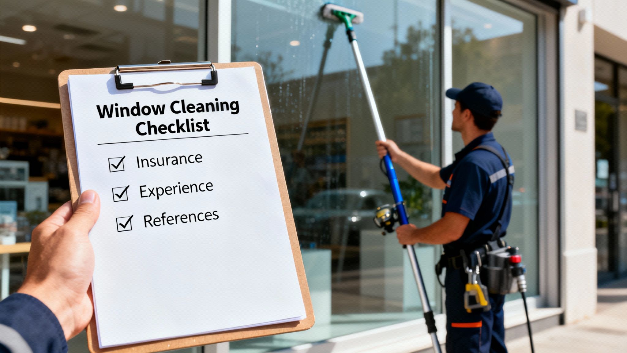 A person holds a window cleaning checklist, while a professional cleans commercial building windows.
