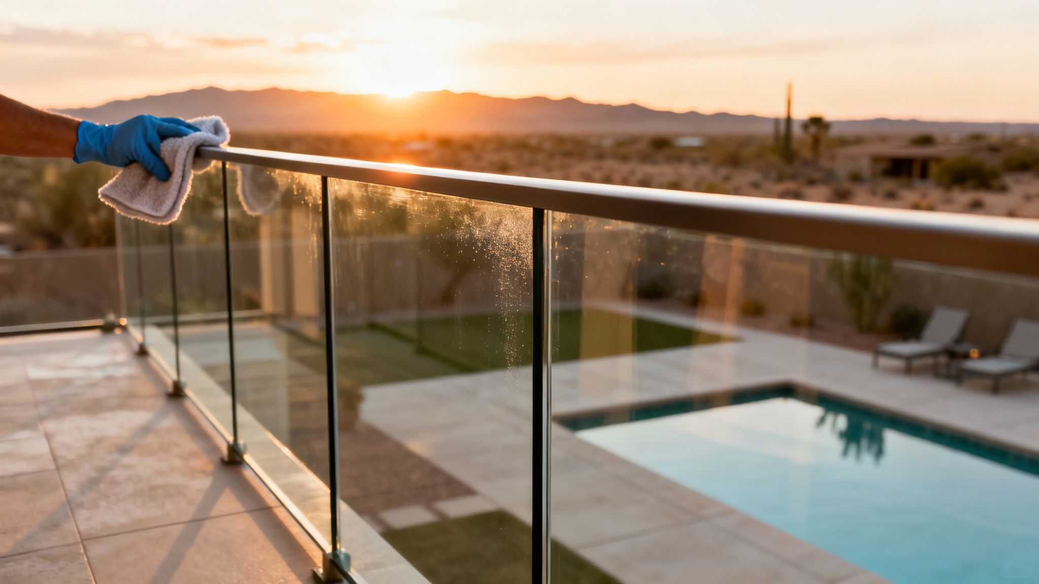 Person wearing a blue glove cleaning a glass railing on a deck during sunset, overlooking a pool and desert landscape.
