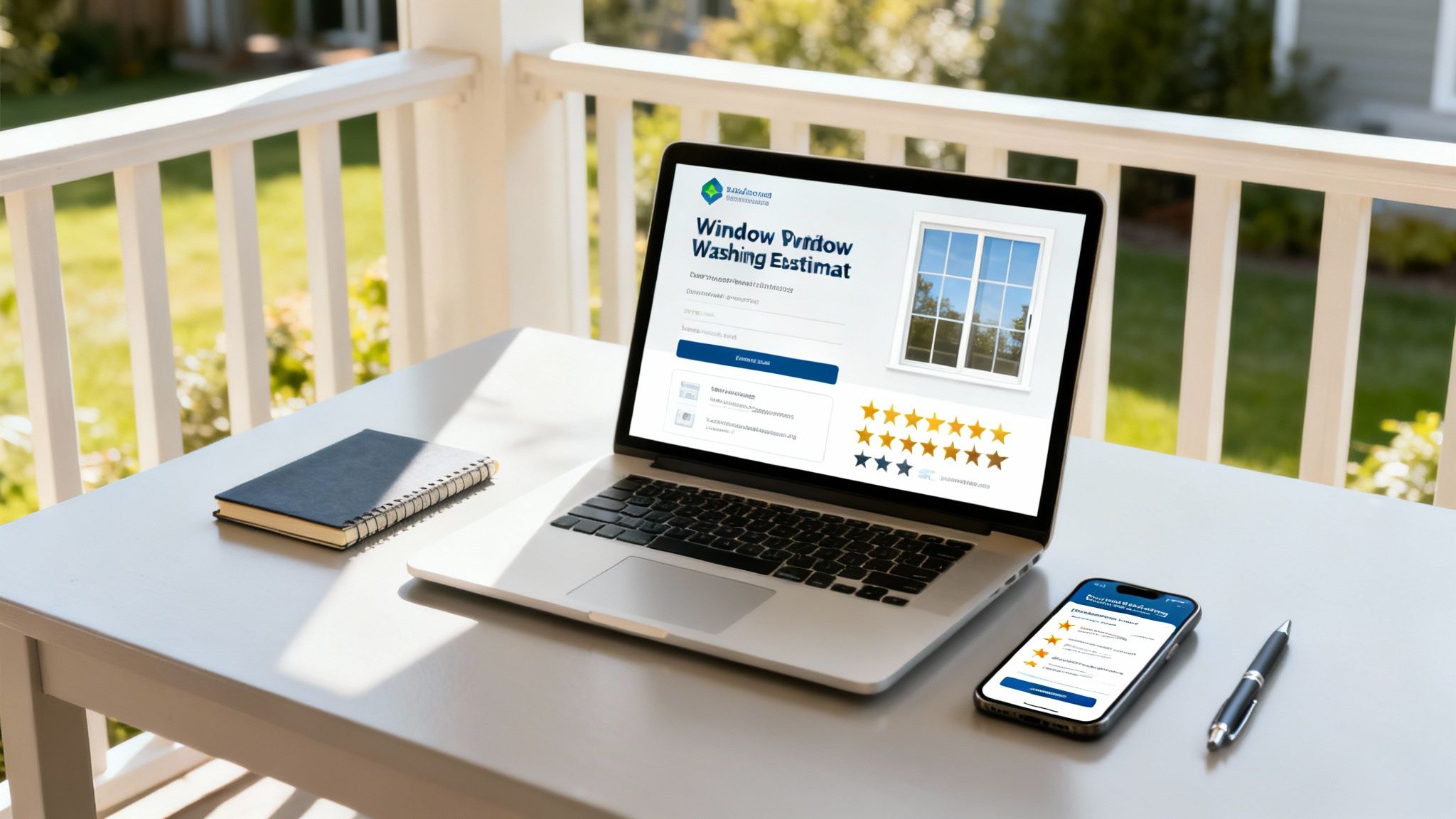 An outdoor scene with a laptop and phone showing a window washing estimate and customer reviews.