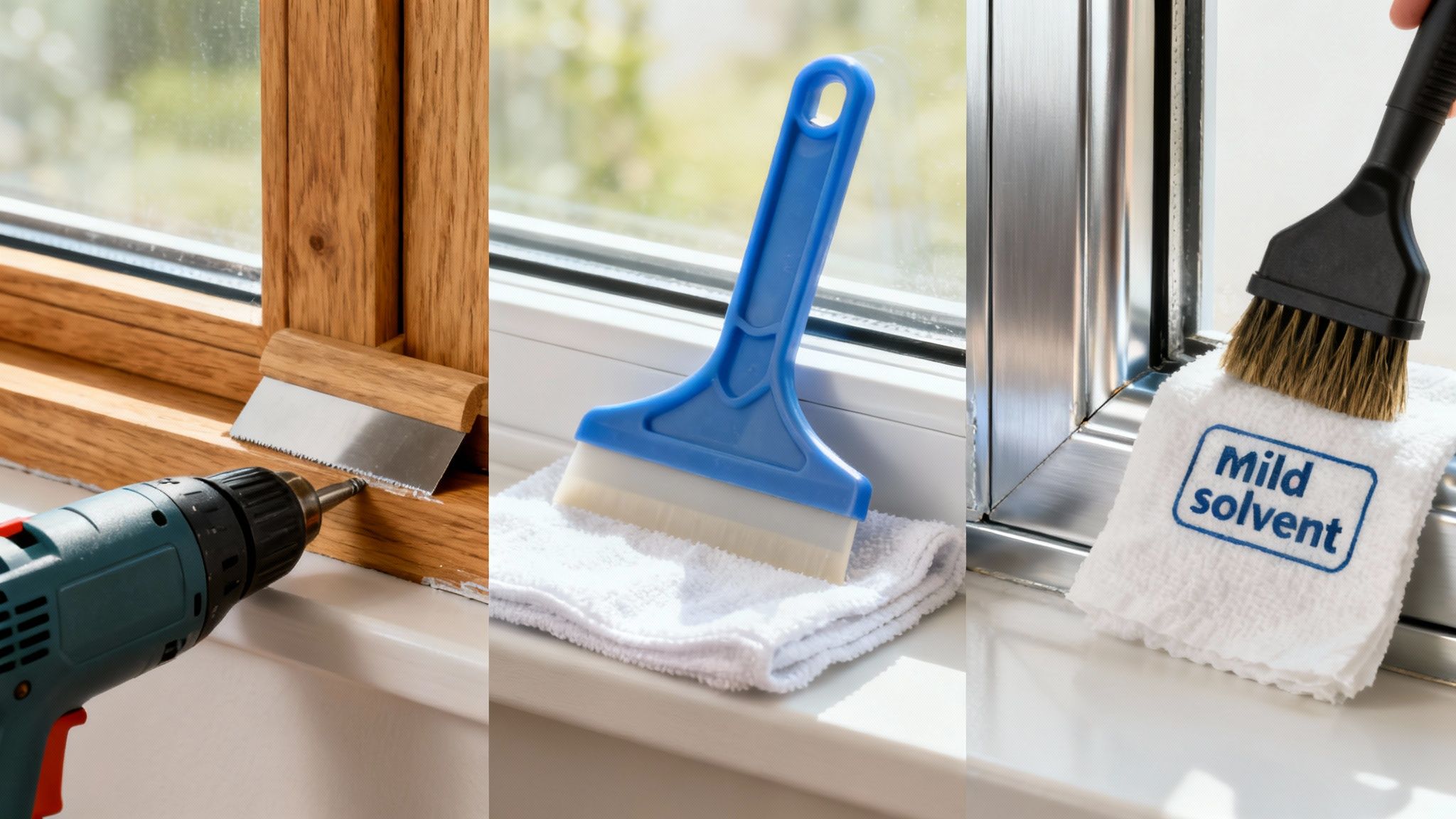 Close-up of tools and methods for cleaning and maintaining windows, including scraping, brushing, and using a mild solvent.