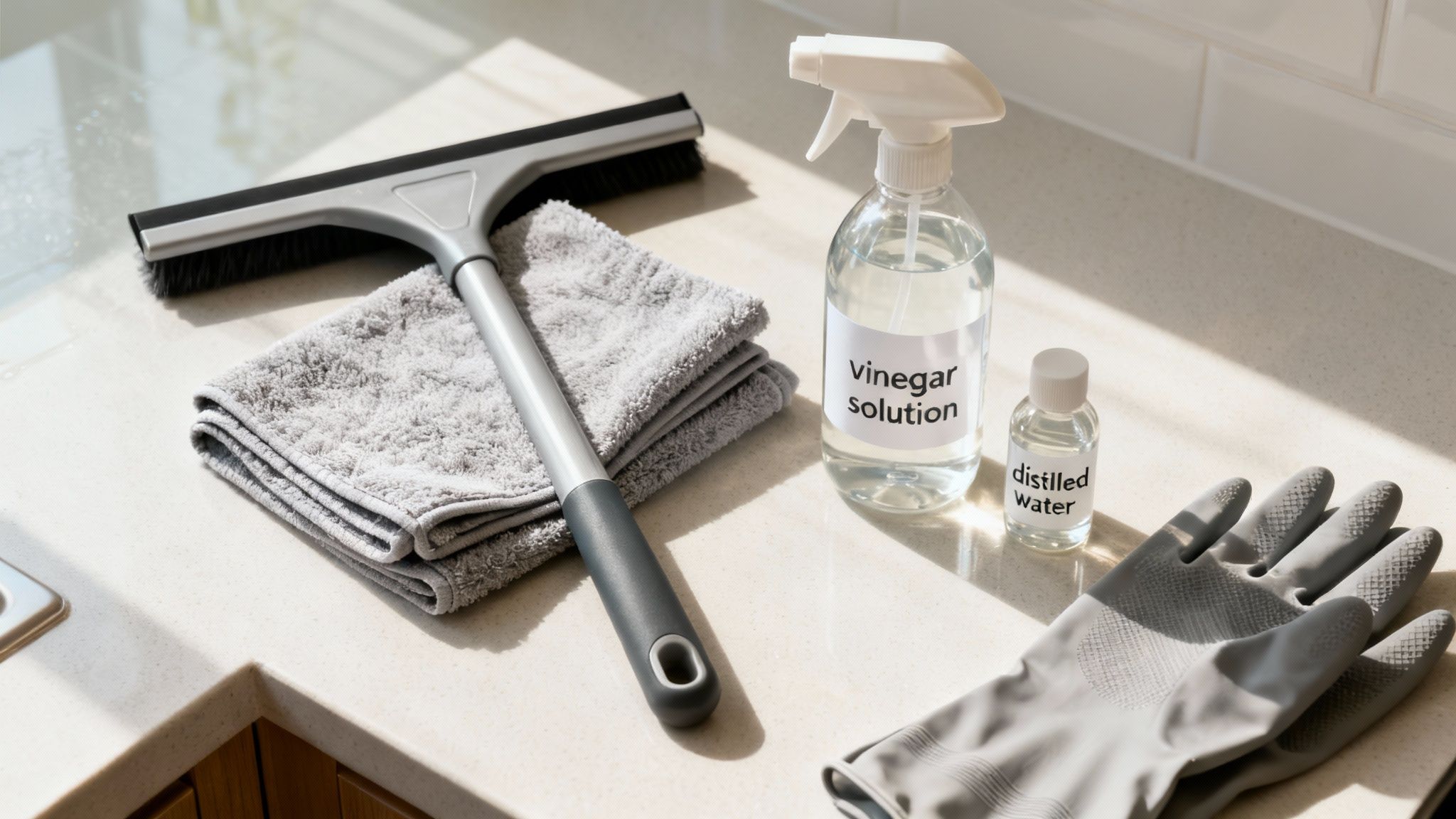 Homemade cleaning solution of vinegar and distilled water with squeegee, cloths, and gloves.