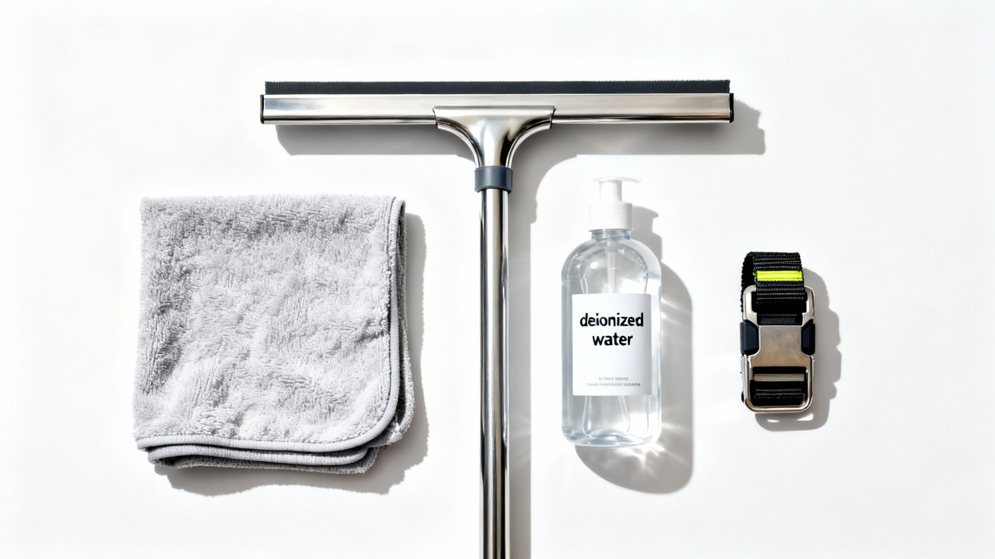 A professional window cleaner using a squeegee on a large window, demonstrating the tools in action.