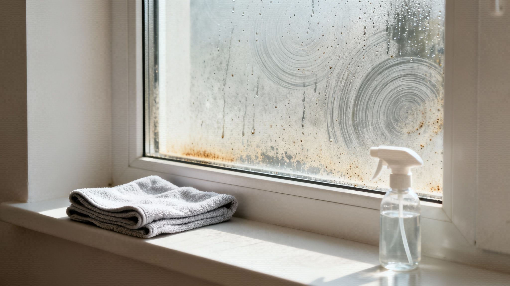 A dirty window covered in water spots and grime, with a spray bottle and towel on the sill.
