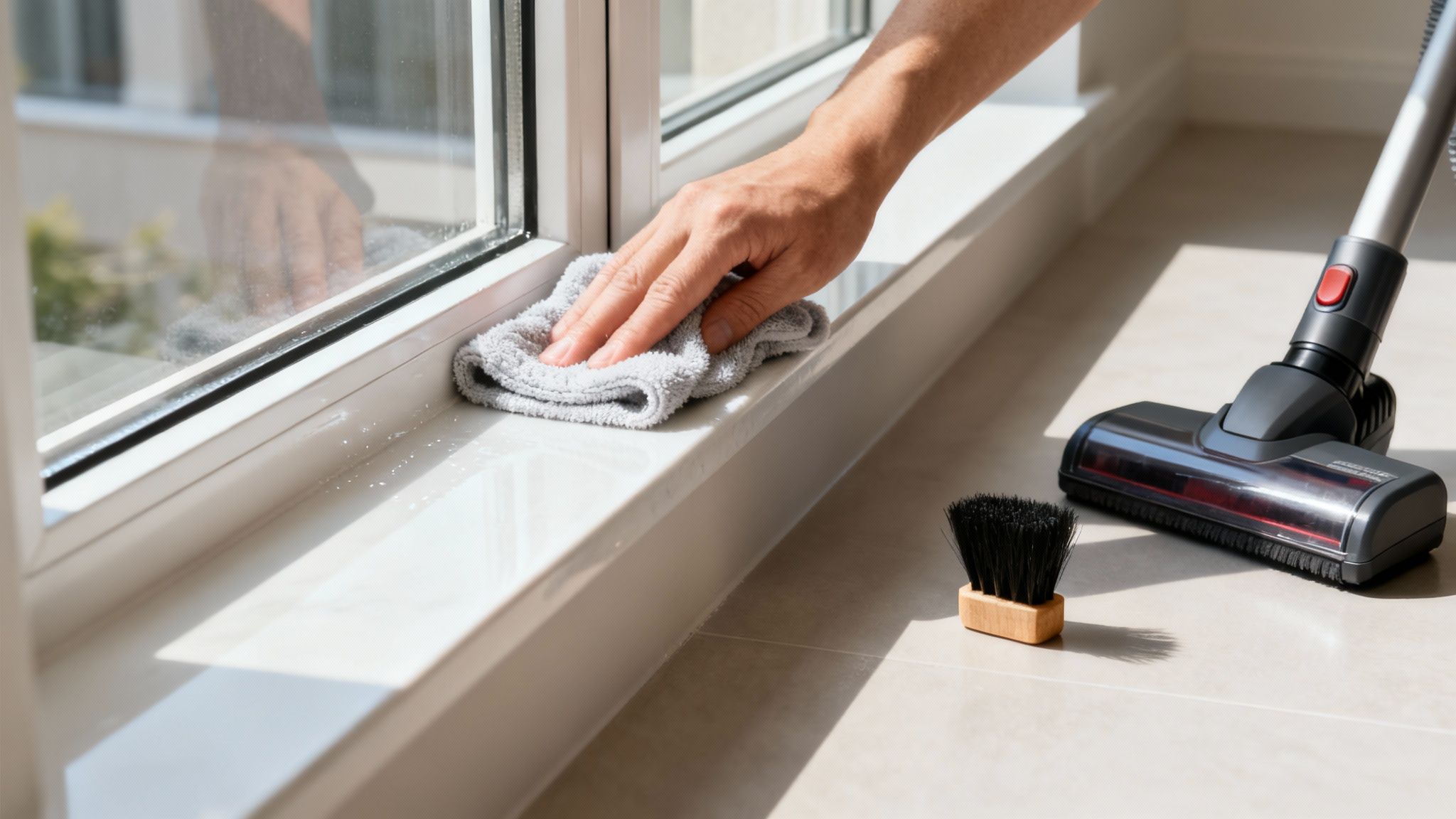 A clean microfiber cloth wiping the corner of a window frame, achieving a polished look.