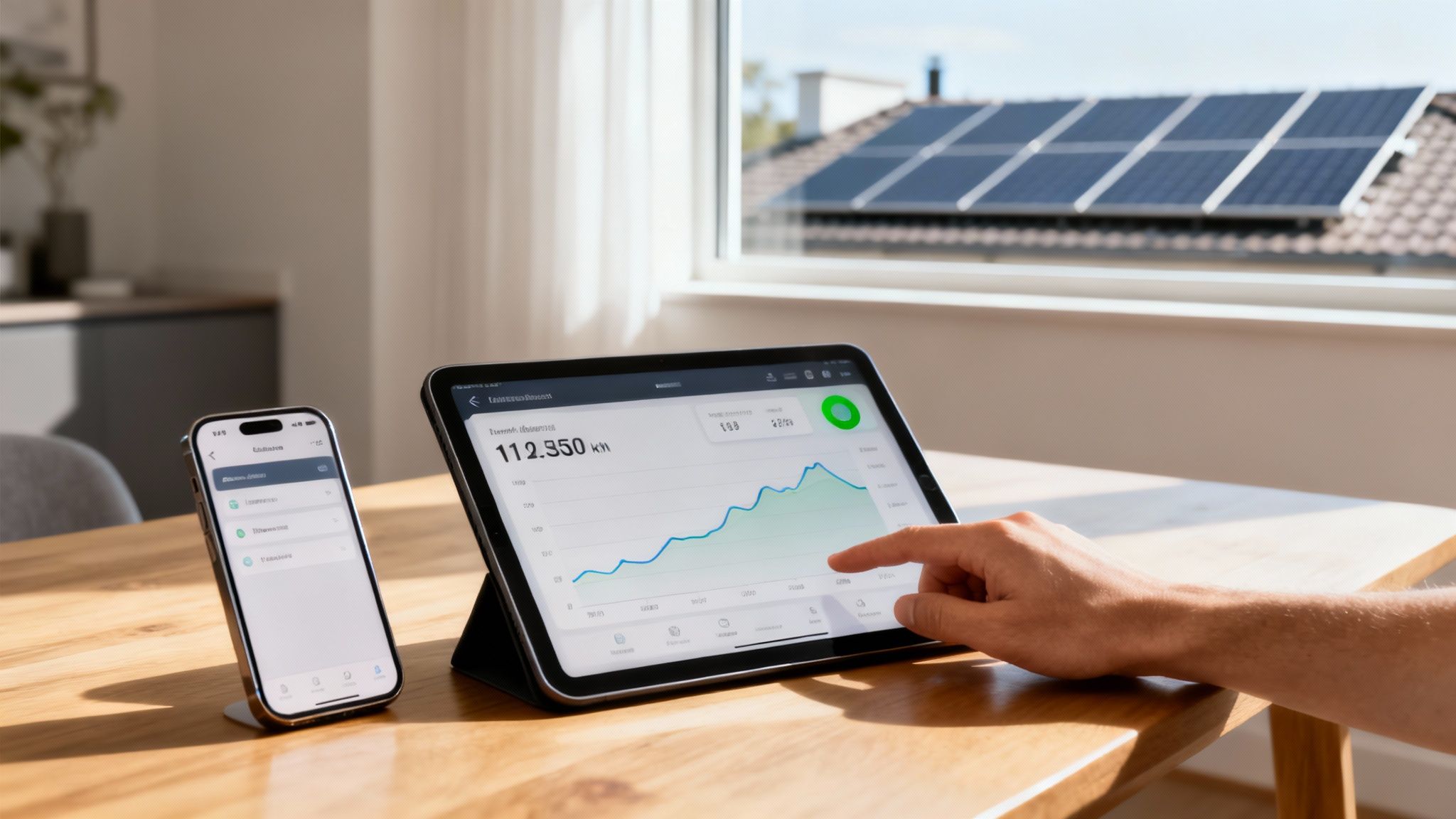 Person reviewing solar panel energy production data on tablet with monitoring app dashboard