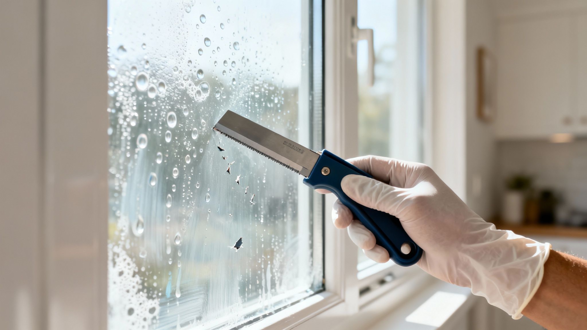 Gloved hand uses a serrated paint scraper tool to remove residue from a wet window.
