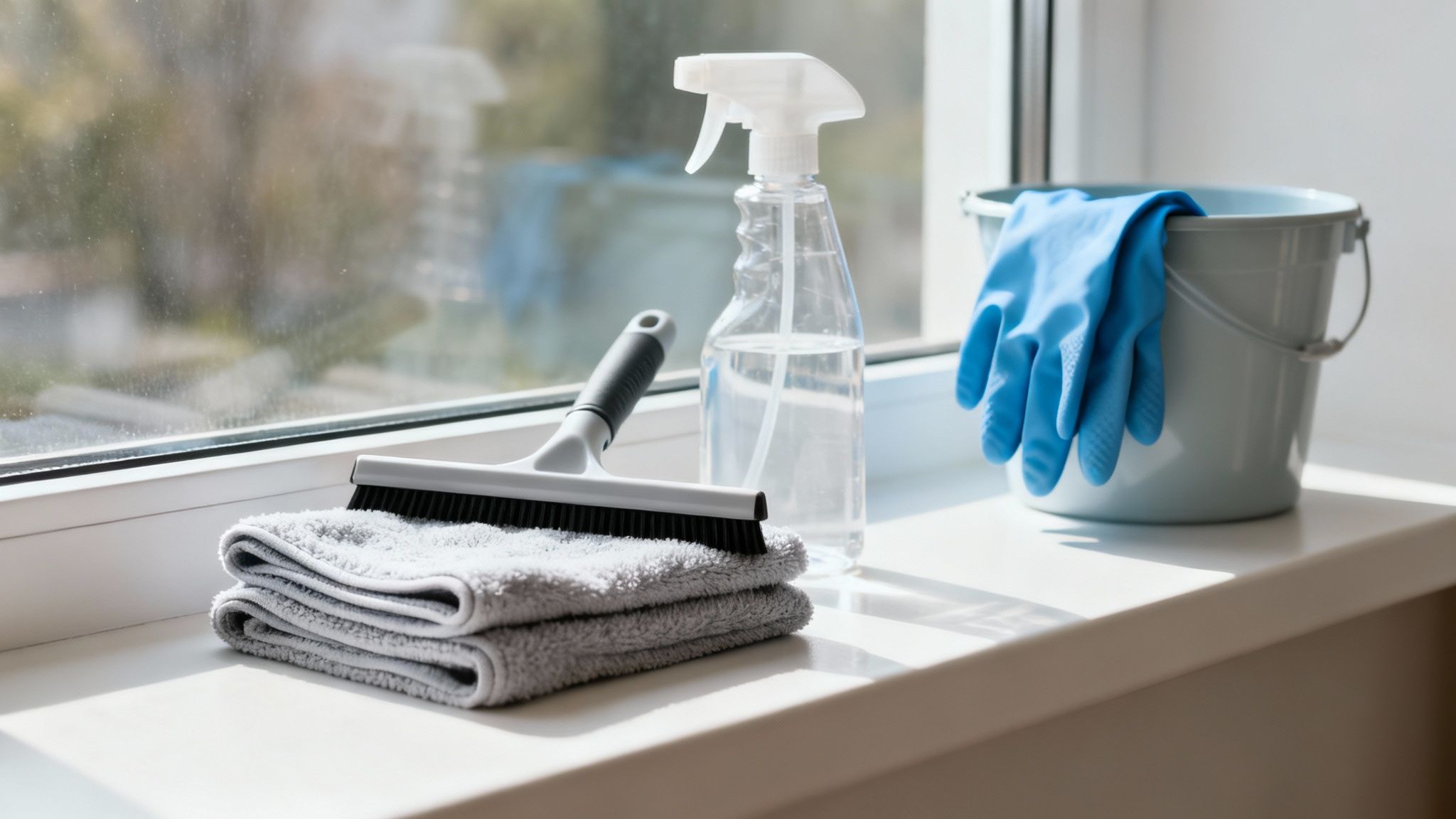 Window cleaning supplies: squeegee, folded towels, spray bottle, and bucket with blue gloves on a sill.