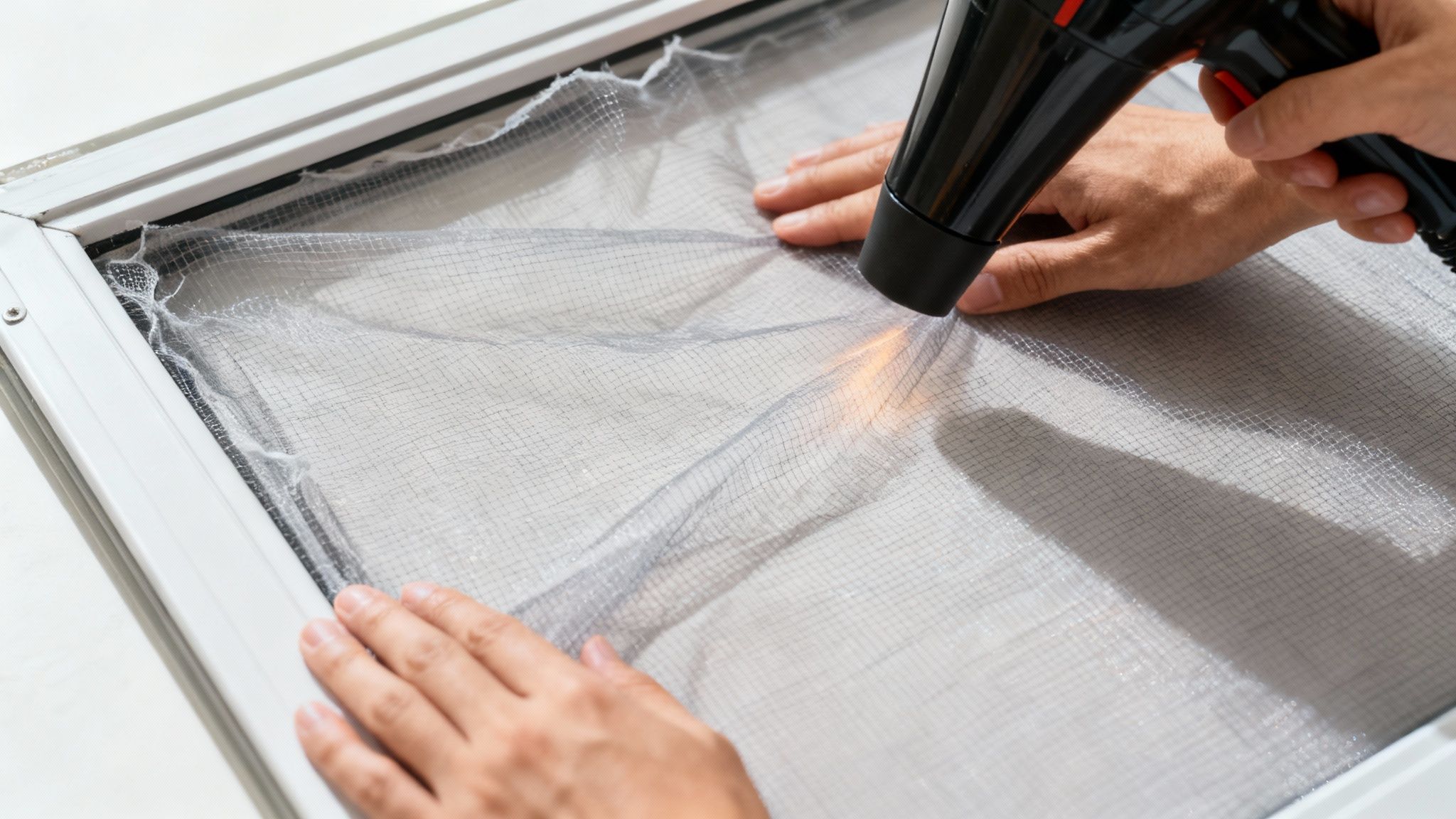 Close-up of hands using a hairdryer to smooth out wrinkles on a white window screen mesh.