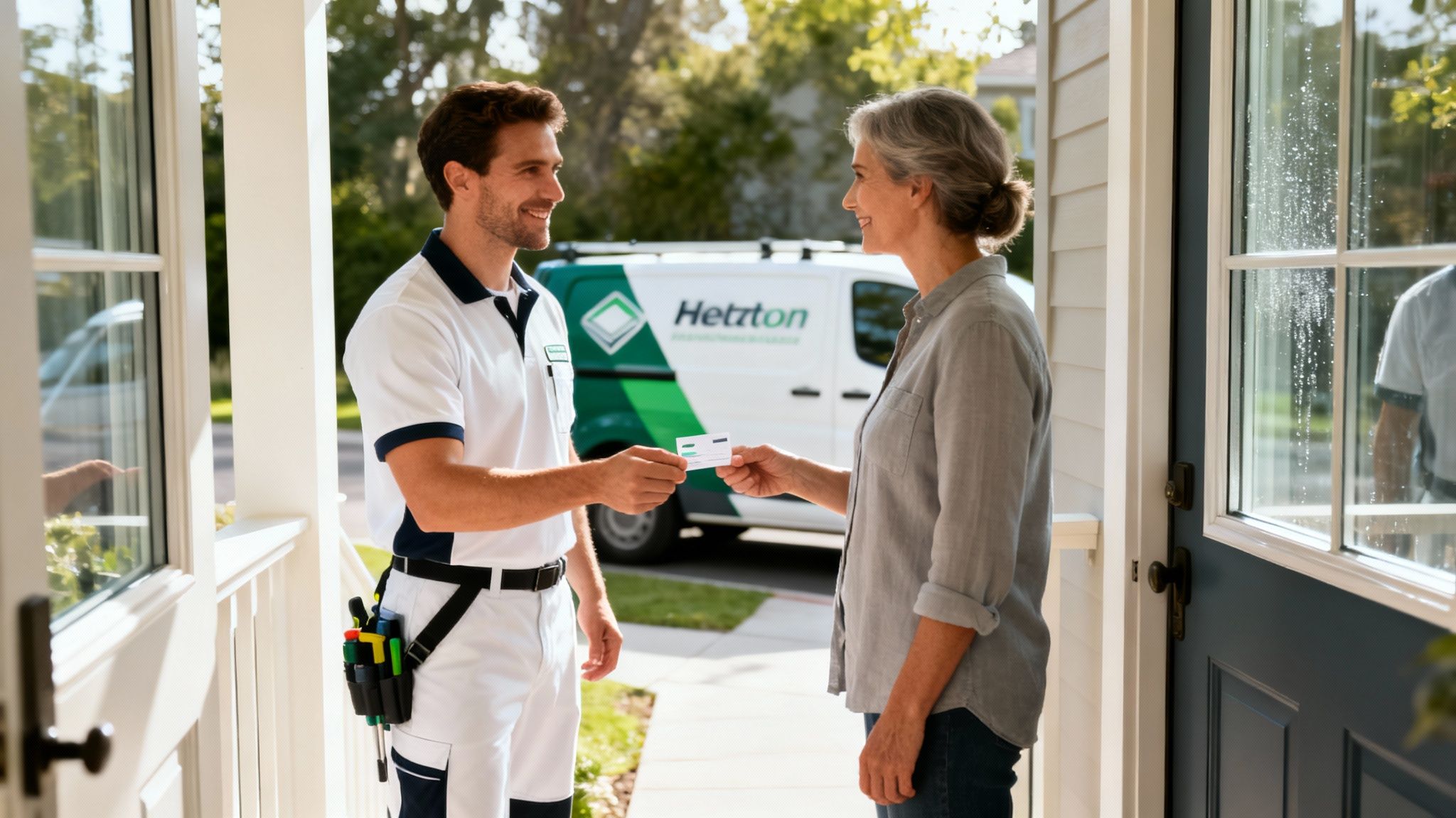 A smiling service technician hands a business card to a female customer at her doorstep.