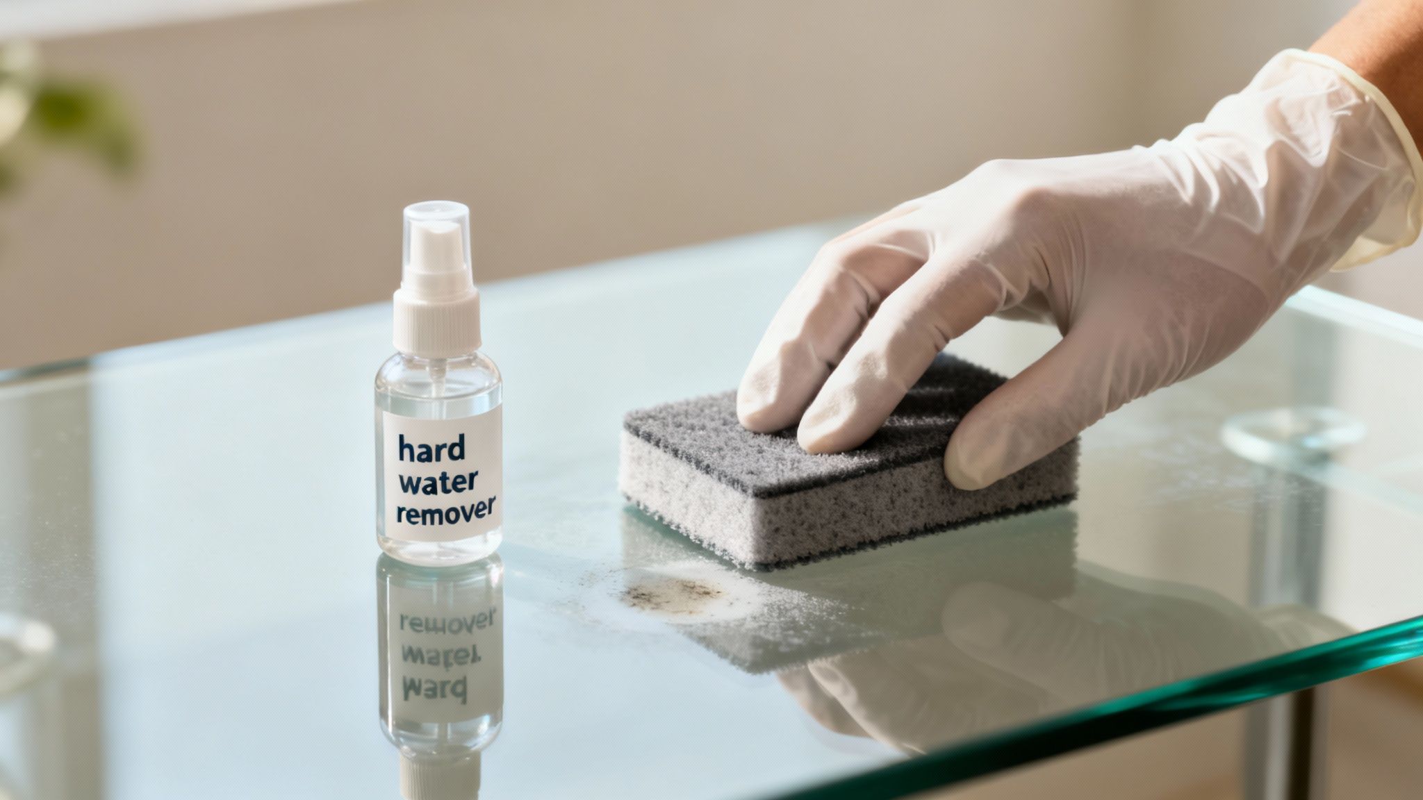 A person wearing gloves and using a commercial cleaner on a window with heavy hard water spots.