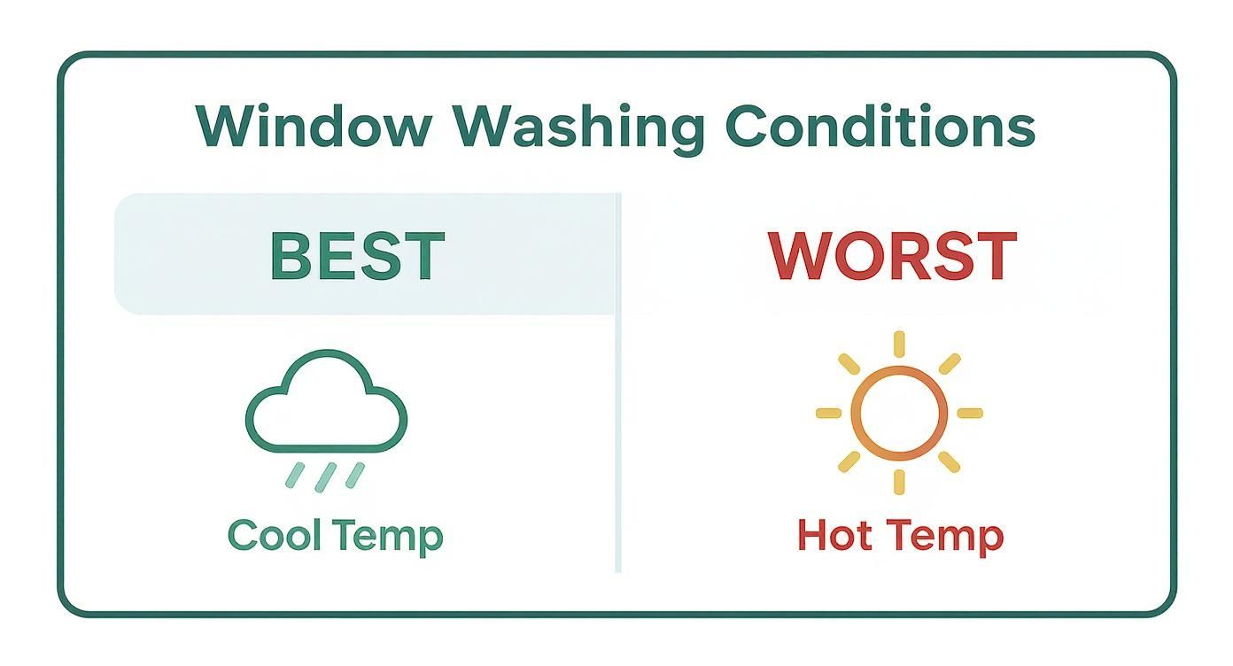 A diagram illustrating ideal window washing conditions (cool, cloudy, rainy) versus poor conditions (hot, sunny).