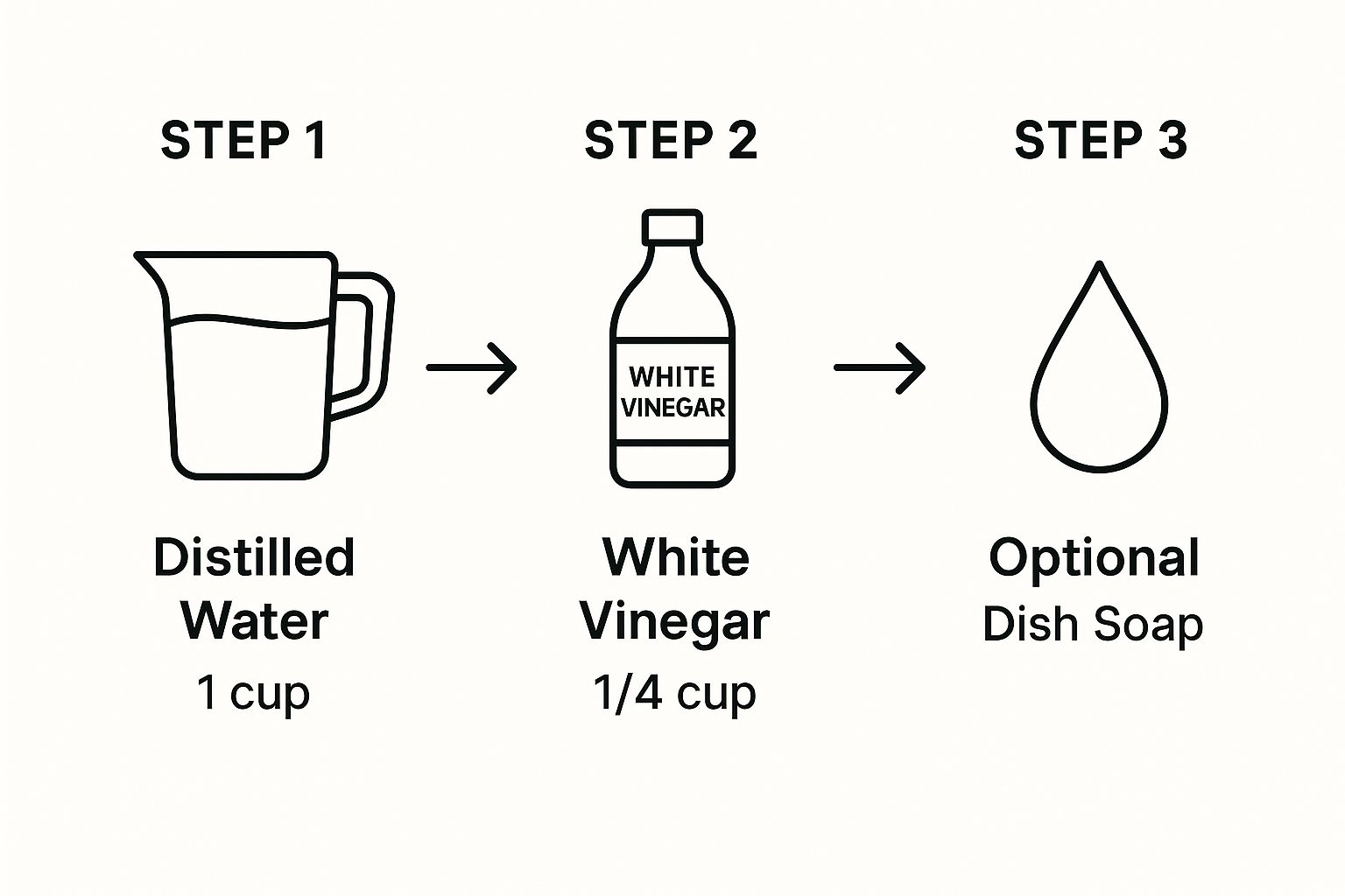 Infographic showing the three-step process to mix a DIY window cleaning solution, starting with distilled water, adding white vinegar, and then an optional drop of dish soap.