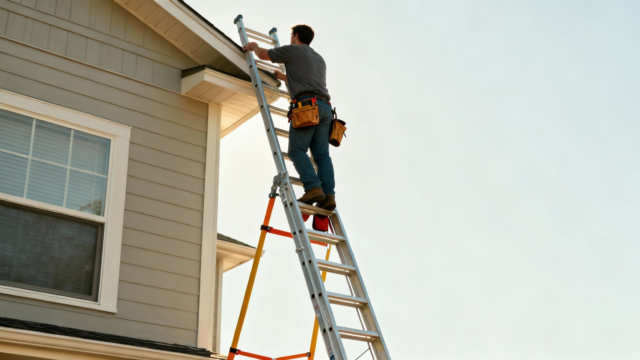 A person safely cleaning an upper-story window using a ladder with stabilizers.