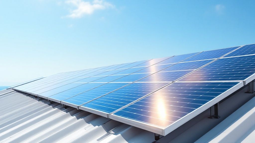 Dirty solar panels covered in Arizona dust with a clear sky in the background