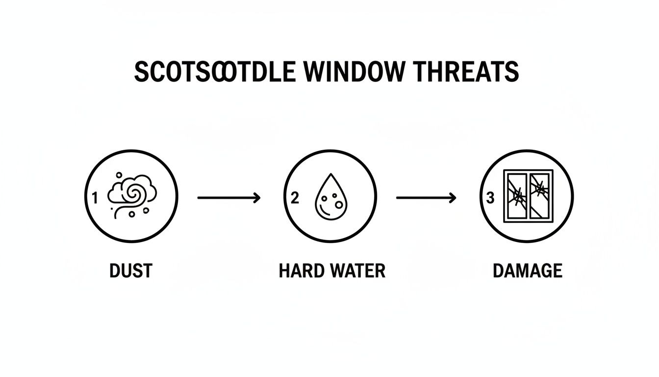 A flowchart showing common window threats: dust, hard water, and resulting damage.