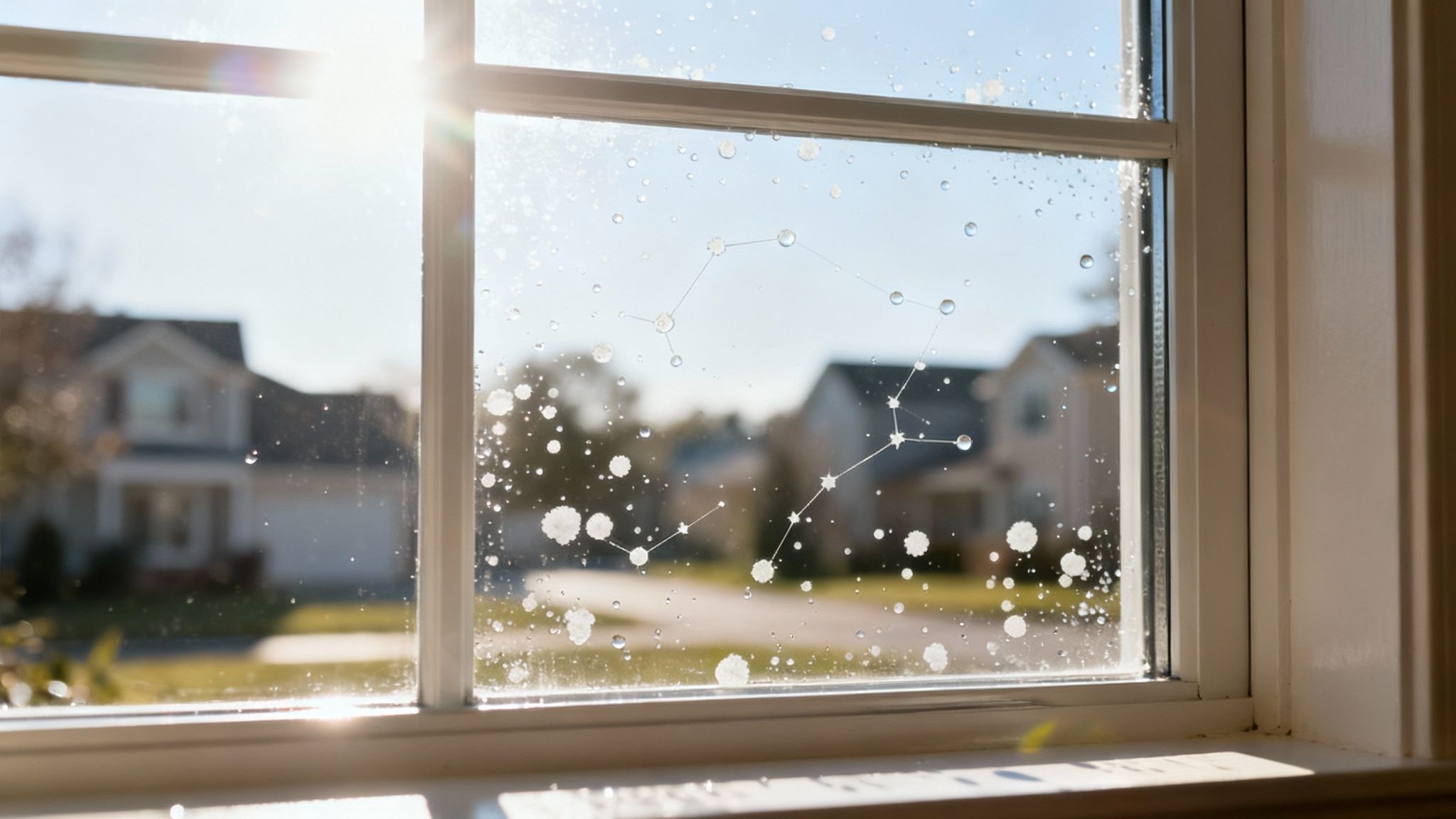 A dirty window with water spots forming constellations, bright sun, and blurred houses outside.