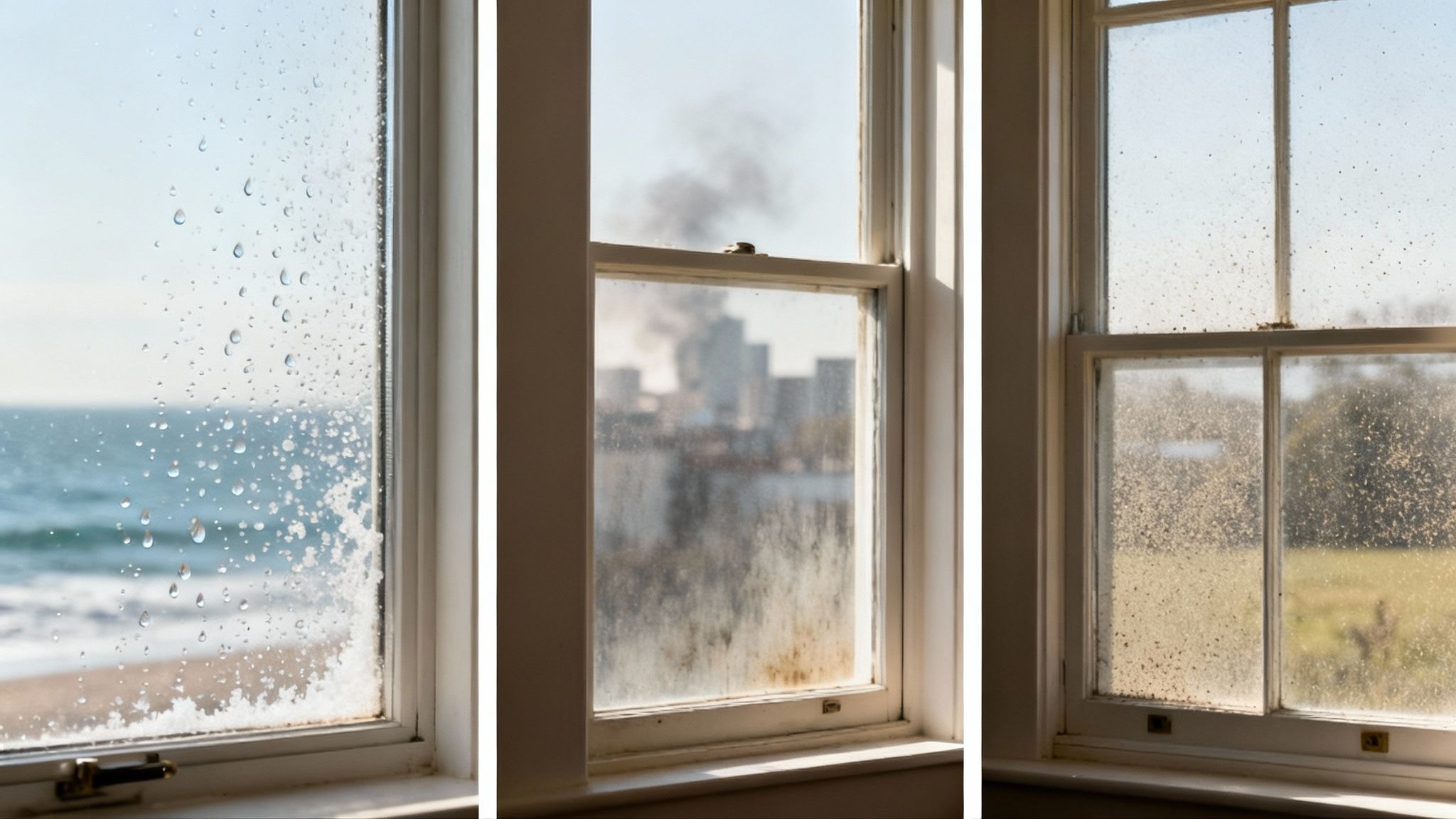 A window cleaner working on a high-rise building with a cityscape in the background, illustrating urban grime.