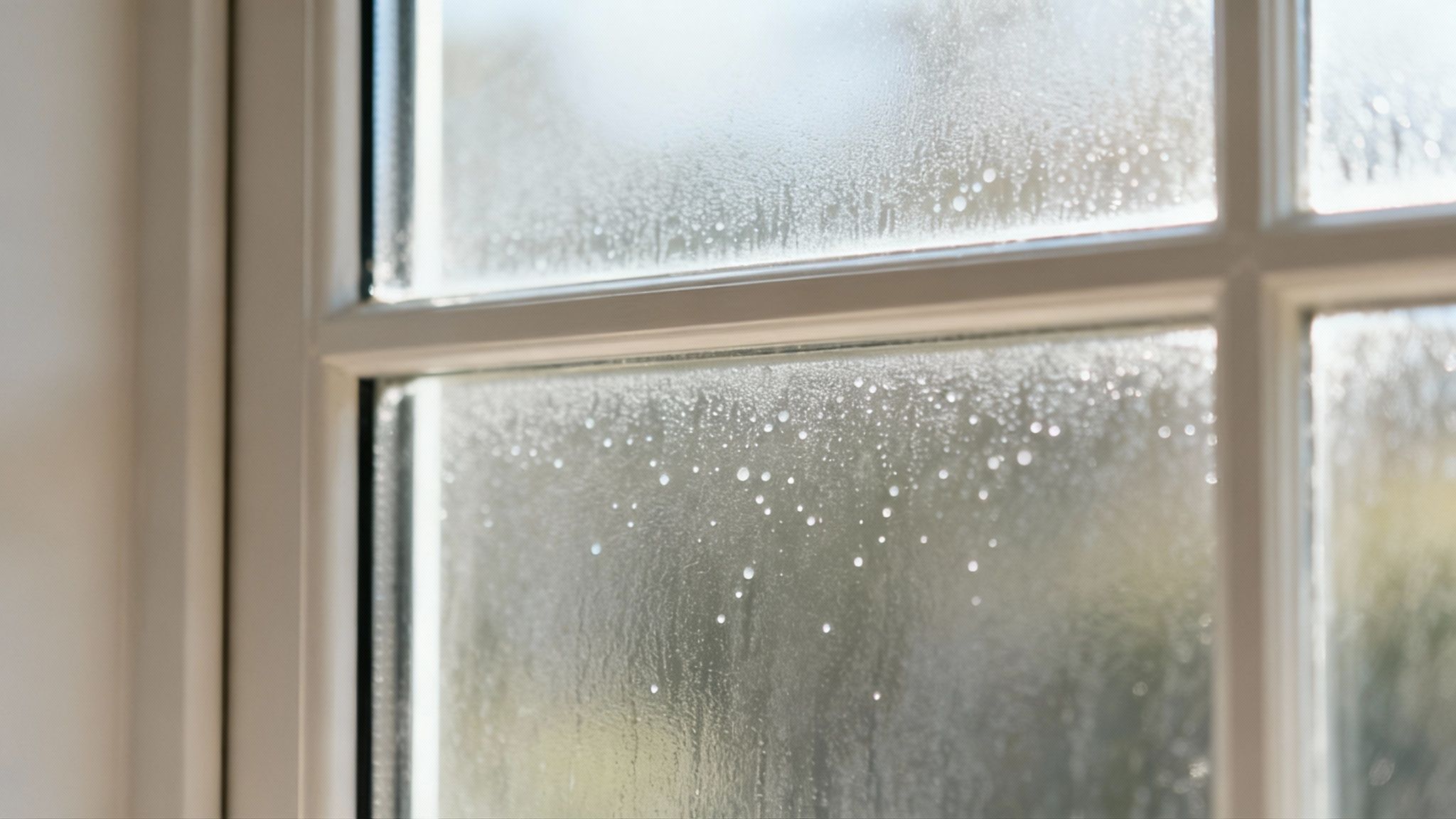 A person's hand using a squeegee to clean a window covered in water spots
