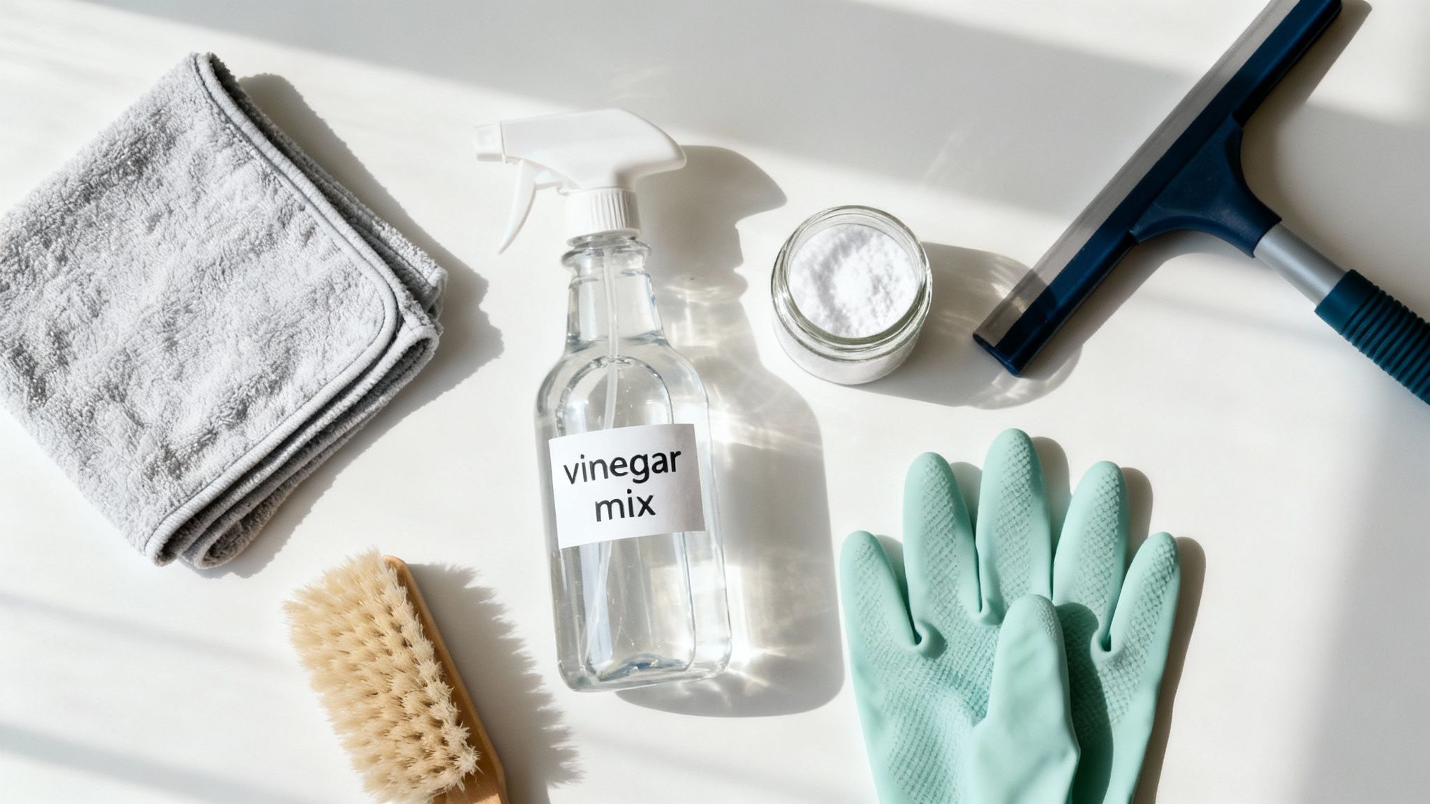 A collection of window cleaning tools including a squeegee, microfiber cloths, a spray bottle, and a bucket.