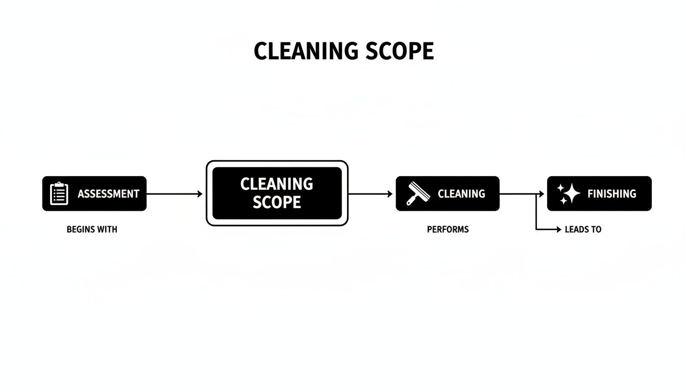 A step-by-step flowchart outlining the cleaning scope process, from initial assessment to final finishing.
