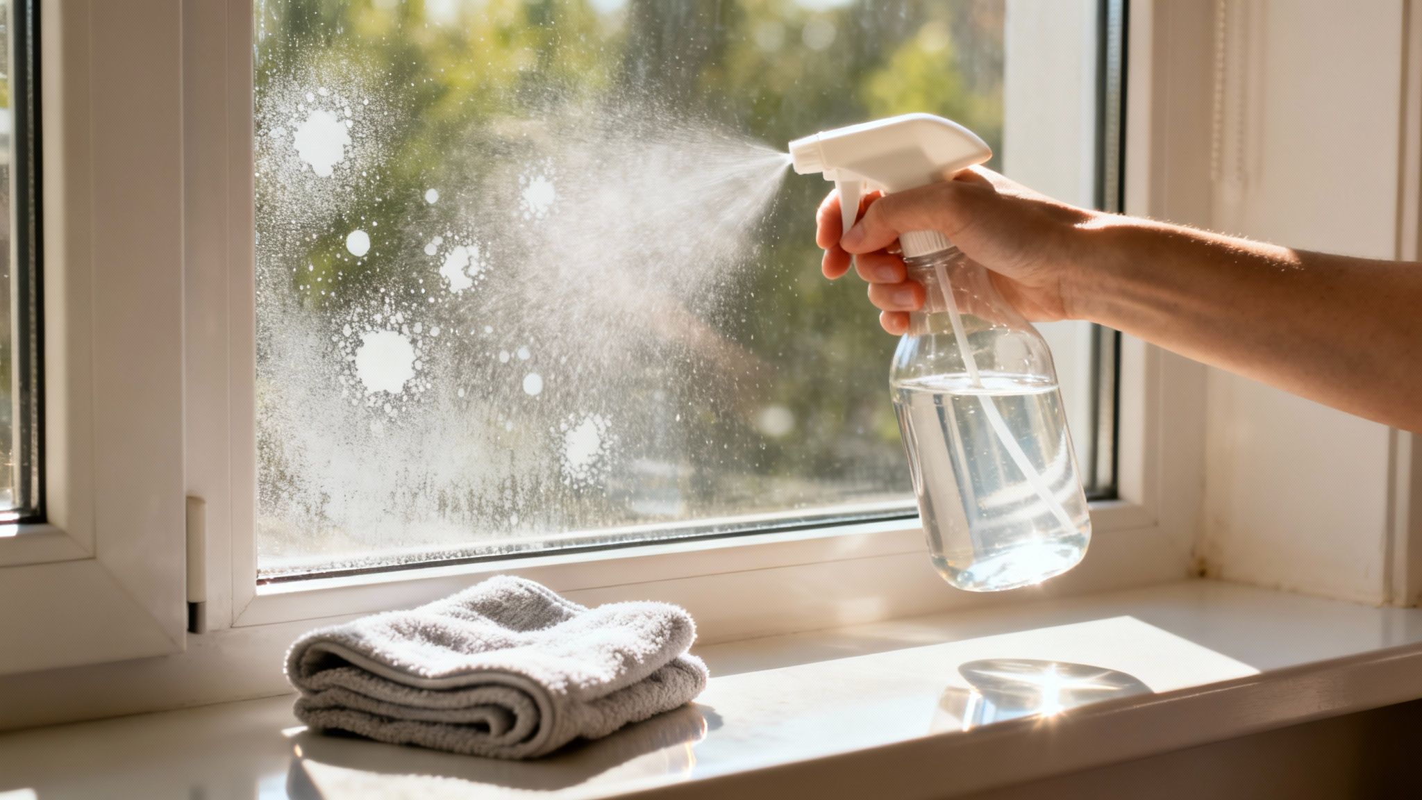 A person sprays cleaner onto a dirty window with visible hard water spots, with a cloth nearby.
