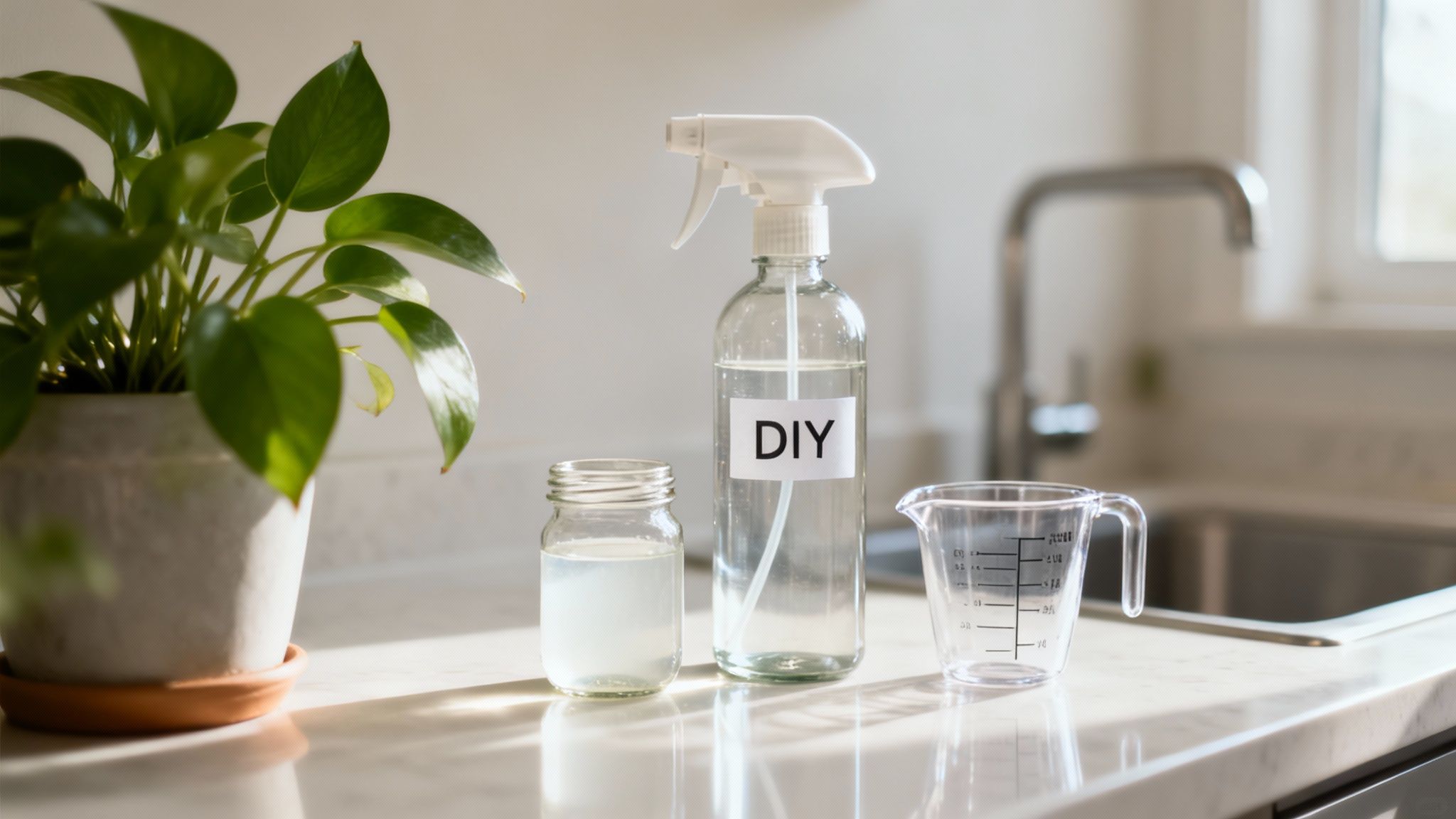 A person's hands mixing a DIY window cleaning solution in a spray bottle over a kitchen sink.